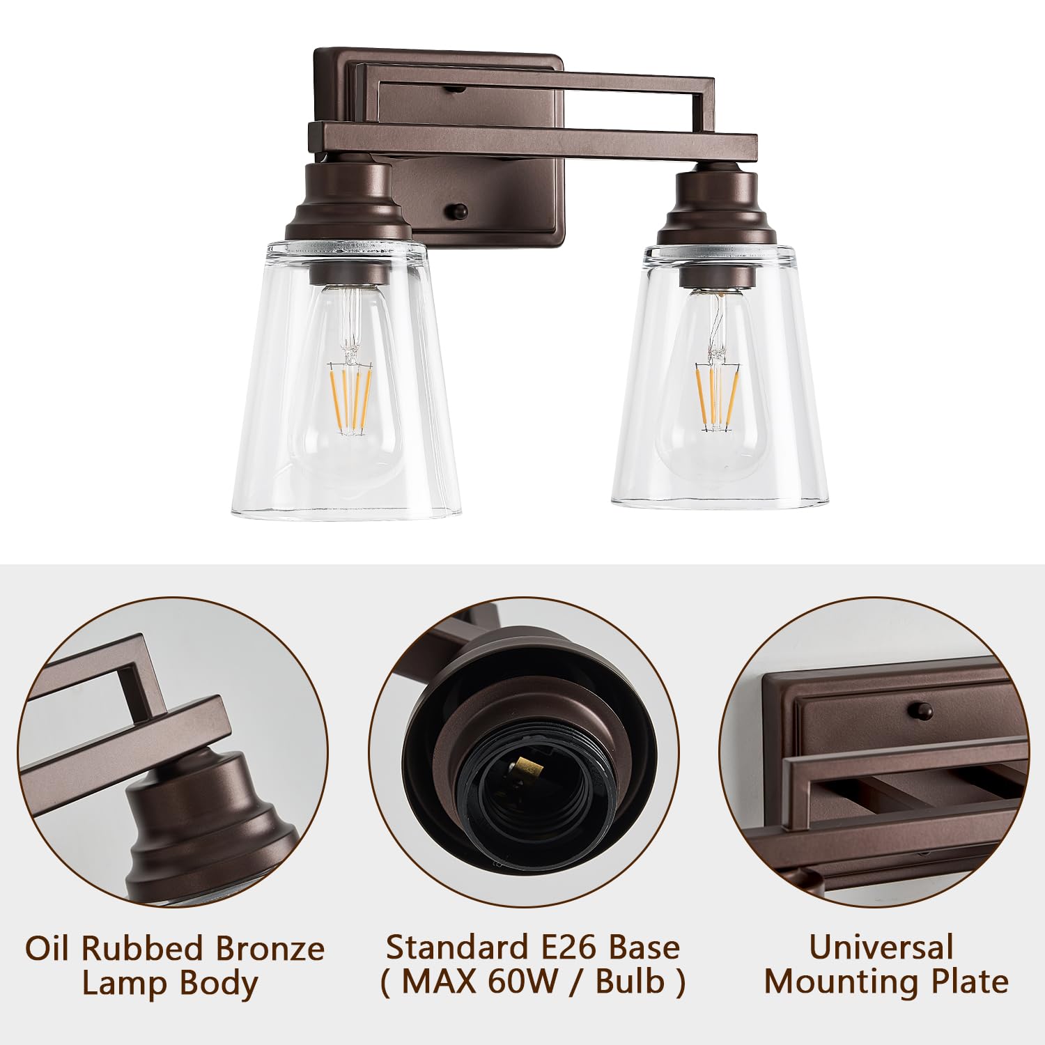 Refice Badezimmer-Waschtisch-Leuchten über Spiegel, 2-flammig, Badezimmer-Leuchten, ölgeriebene Bronze, Wandleuchten mit Klarglas-Schirmen für Spiegel, Wohnzimmer, Bauernhaus, Flur (Leuchtmittel nicht