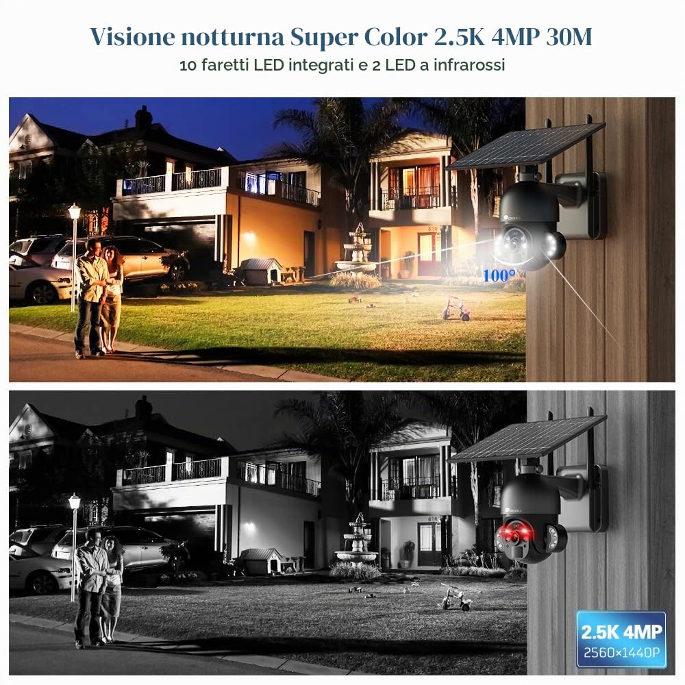 Ctronics 360° PTZ Telecamera Wi-fi Esterno con Pannello Solare, 2.5K 4MP | Videocamera sorveglianza con Batteria 100% Senza Fili, Faretto Visione Notturna, Rilevamento PIR, Audio a 2 Vie, IP66