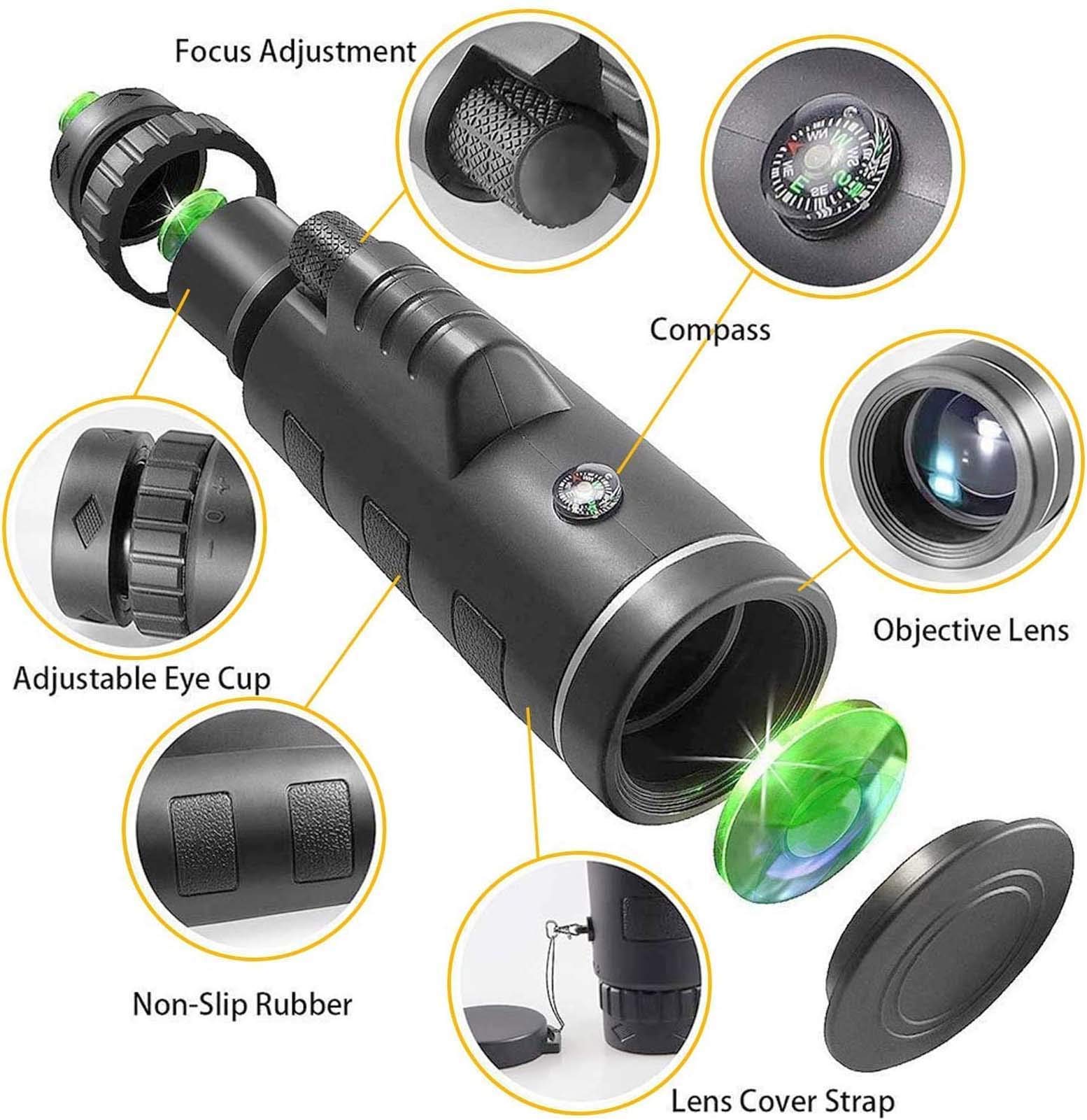 Telescopio monoculare, telescopio monoculare, cannocchiale ad alta potenza 40x60 per adulti, cannocchiale monoculare impermeabile con adattatore per smartphone e treppiede per caccia, escursionismo,