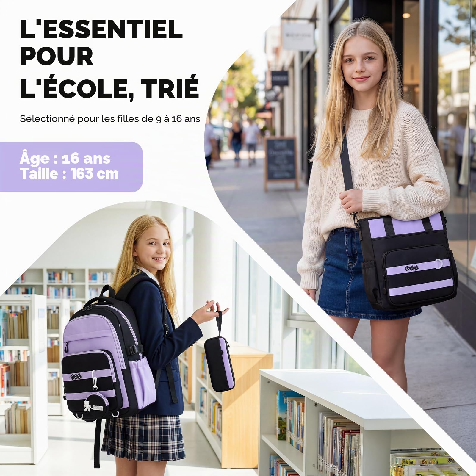 Amythe Sac à Dos Fille Collège, Ensemble de Cartable Léger, Violet