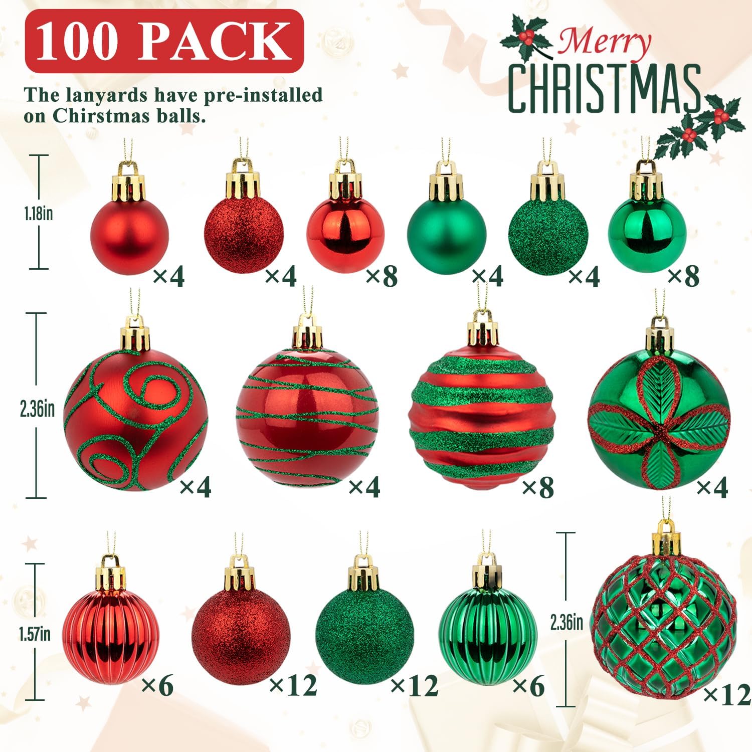 100 Pcs Christmas Ball Ornaments Set, Red and Green Xmas Tree Decoration, Shatterproof Decorative Hanging Balls with Loop for Christmas Party Holiday Wreath Garland Home Decor