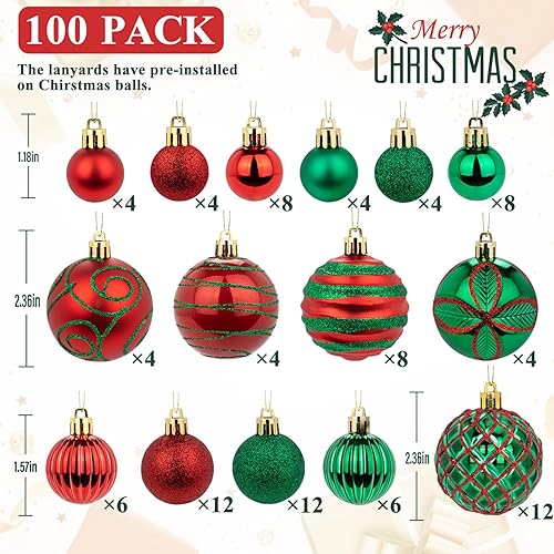 Vista 2 de 100 Pcs Christmas Ball Ornaments Set, Red and Green Xmas Tree Decoration, Shatterproof Decorative Hanging Balls with Loop for Christmas Party Rojo