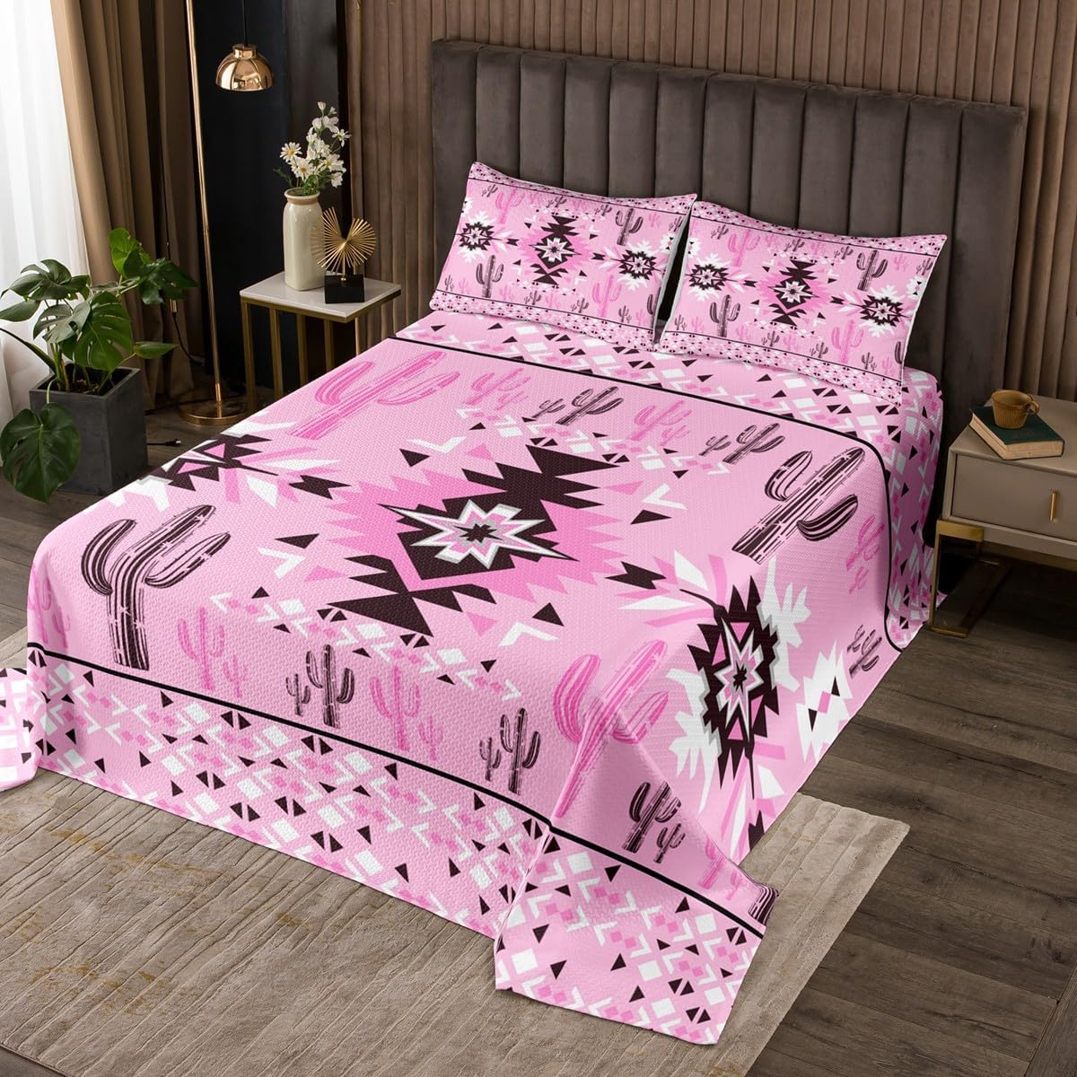jejeloiu Pink Southwestern Aztec Coverlet Set for Kids Boys Girls Geometric Vintage Quilted Coverlet Twin Size Boho Tribal Rustic Western Exotic Cactus Bedspread Room Decor