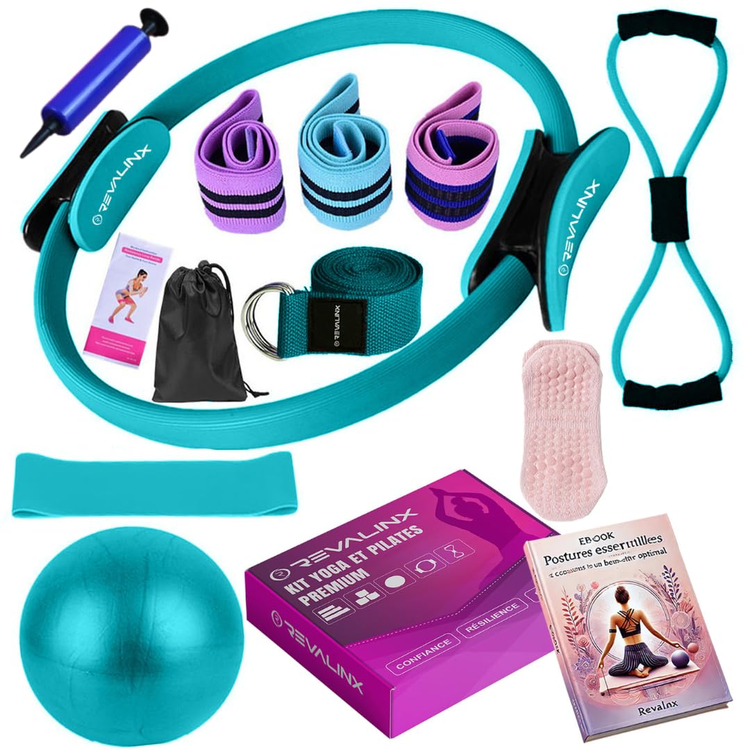 Set da Yoga e Pilates 8 Pezzi, Fascia di Resistenza, Anello Pilates, Palla Fitness 25cm, Banda Elastica in Latex, Cinturino Yoga 184cm, Calzini Antiscivolo, Verde e Rosa