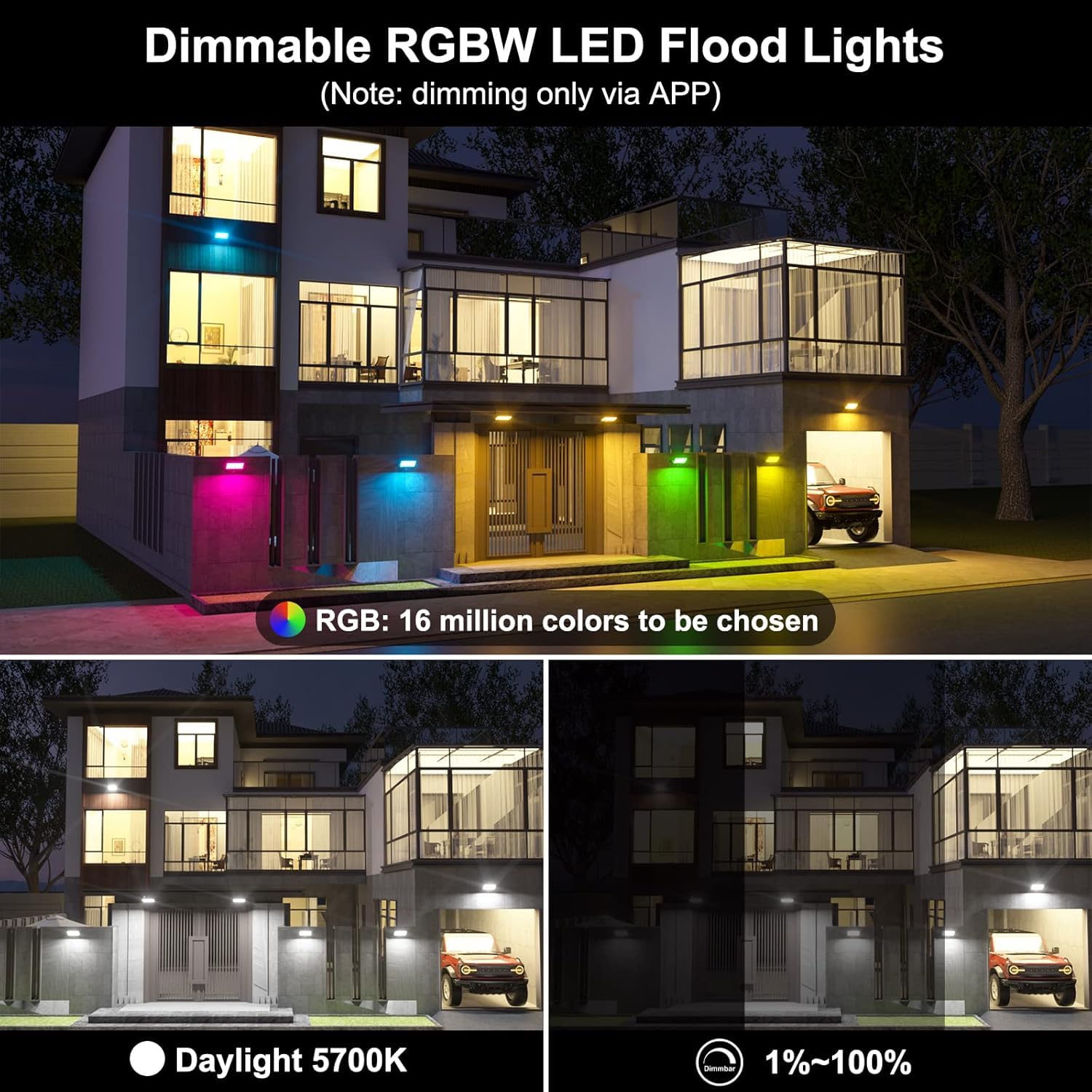 LED Strahler Außen RGB 50W Flutlicht Dimmbar Bunt & Kaltweiß, Smart Bluetooth APP Steuerung Flutlichtstrahler, IP66 Wasserdicht Aussenstrahler, Fluter für Aussen Innen Garten Hinterhof, Garage-4 Stk