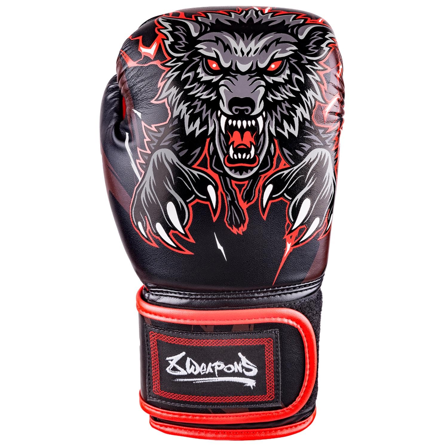 8 WEAPONS Boxhandschuhe Kinder, Beastial Wolf, Schwarz-Rot, Kinder Boxhandschuhe, Kunstleder, Perfekte Dämpfung für optimalen Schutz, Handschuhe für Muay Thai, K1, Boxen, MMA und Kickboxen