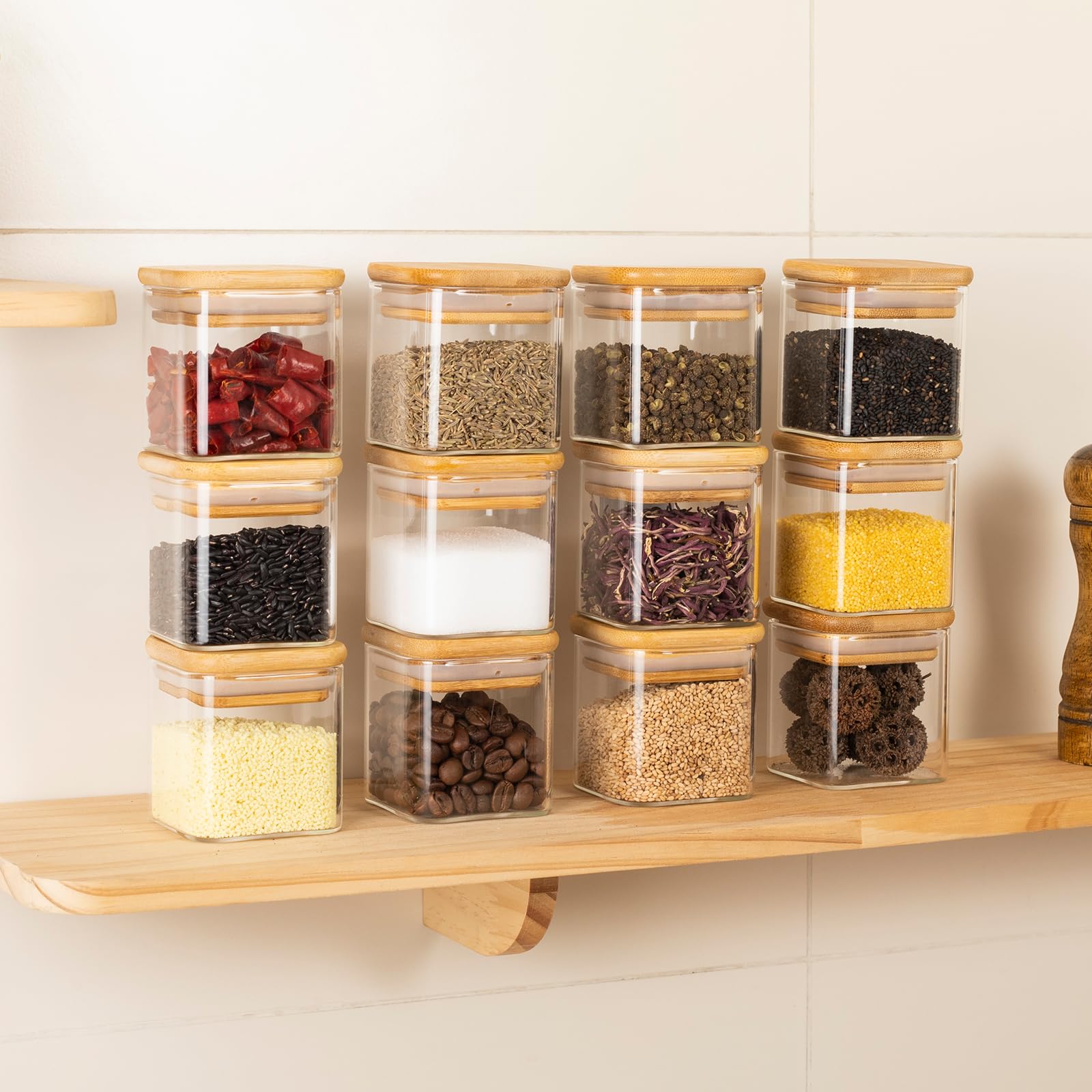 Set di 12 barattoli per spezie, rettangolari, da 120 ml, con coperchio in bambù, con etichette e pennarello bianco