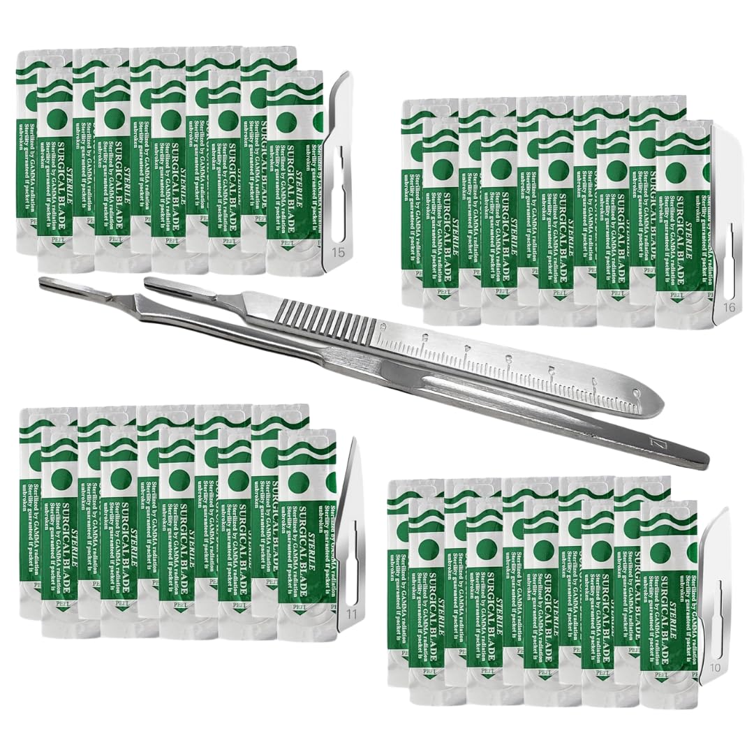 IMEDS Carbon Steel Sharp Blades Sterile Assorted Pack of 60 Pcs with Stainless Steel Scalpel Handles #3 and #7 All-in-One Kit to Make Finest Precision Cuts Multi-Function Scientific Lab Supplies