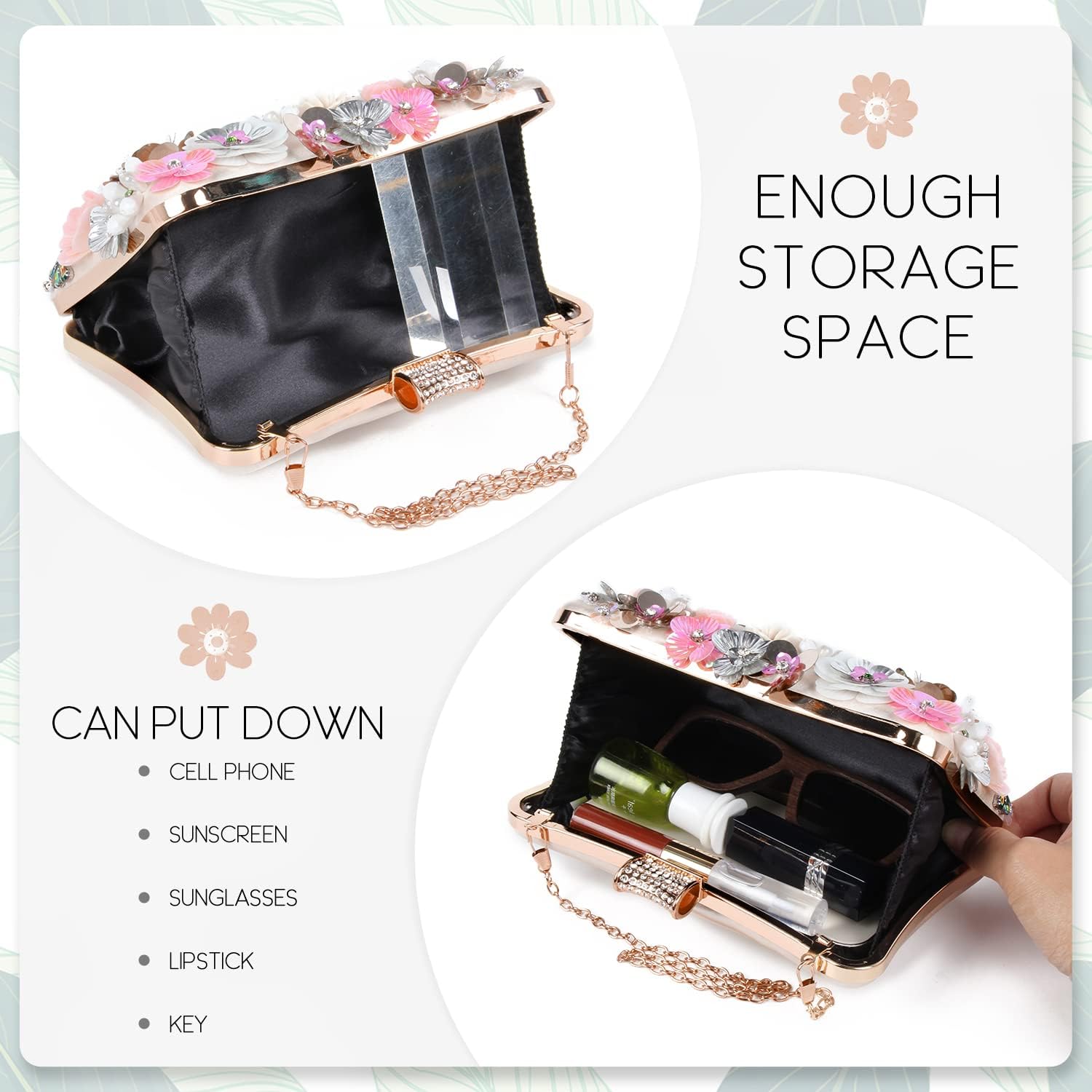 KUANG! Women's Floral Flower Evening Handbags Colorful Rhinestone Clutch Purses Floral Bride Wedding Chain Shoulder Bag