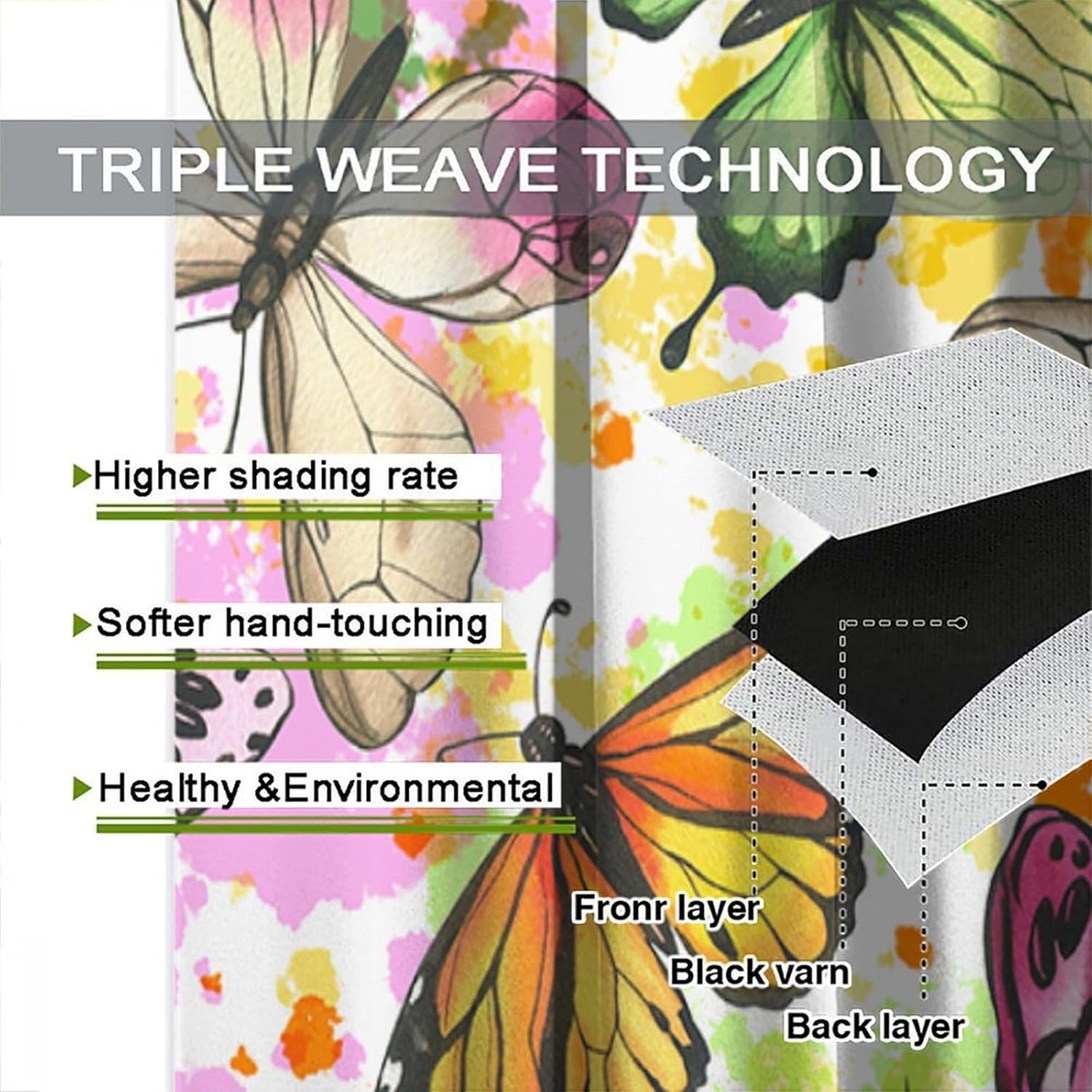 Butterfly Curtains Watercolor Colorful Pink Green Curtains Window Treatments for Kids Girls Bedroom Nursery Room Rod Pocket Windows Treatments Door, 72x63 Inch