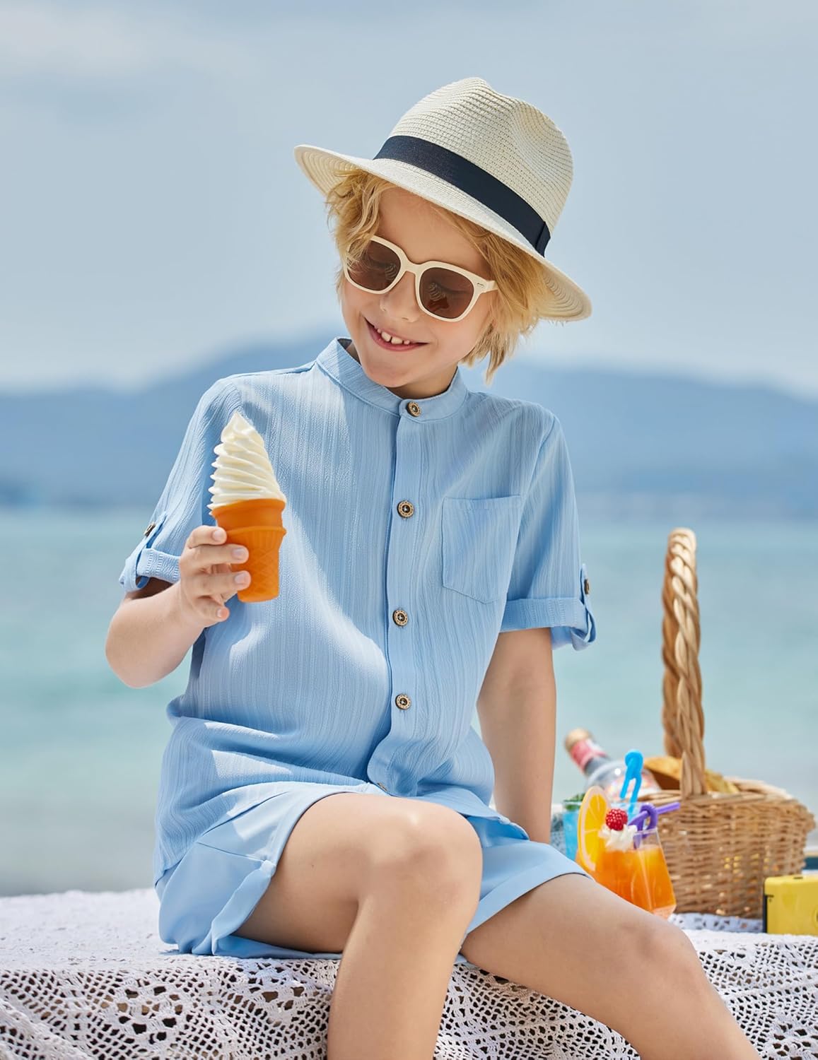 Arshiner Boy's 2 Piece Beach Outfit Short Sleeve Textured Button Down Shirt and Short Sets Summer Vacation Wear 5-12 Years - Image 5