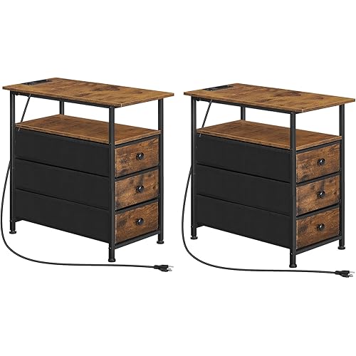 HOOBRO End Tables Set of 2, Narrow Side Table with Charging Station, Nightstand with 3 Non-Woven Fabric Drawers, Bedside Table for Small Spaces, for Living Room, Rustic Brown and Black BF483UBZP201