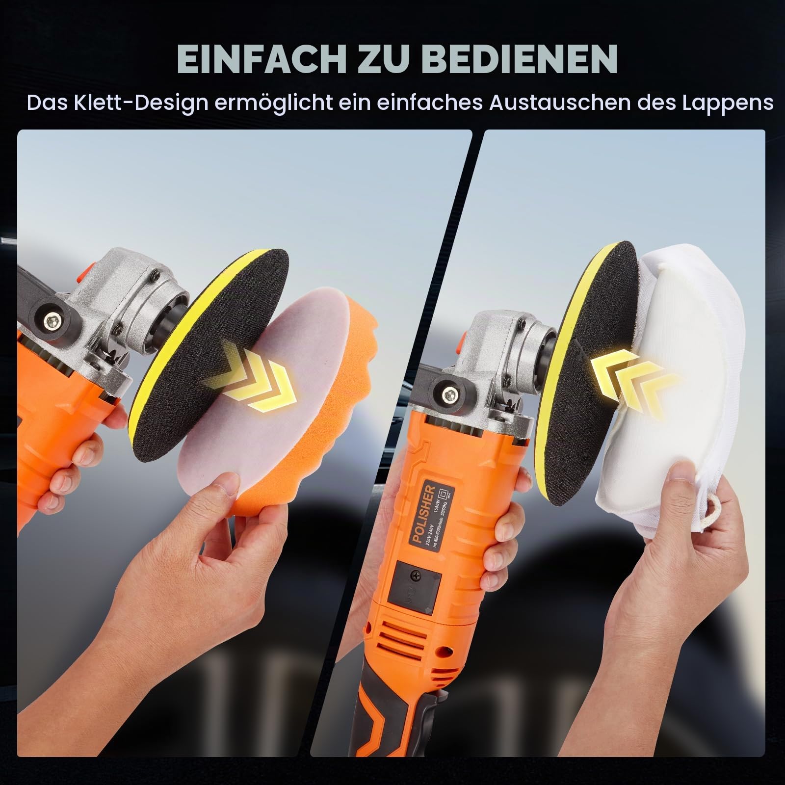 Autopoliermaschine, 1580 W, 7 variable Geschwindigkeiten, 500 – 3300 U/min, abnehmbarer D-Mang/seitlicher Griff, Orbitalpolierer fürs Auto zum Polieren und Wachsen