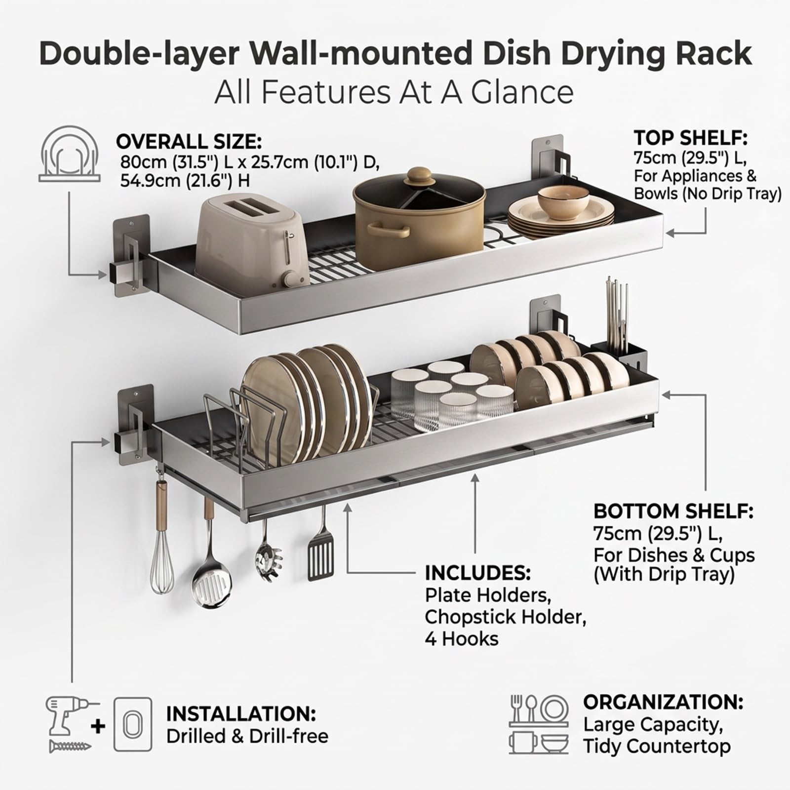 Escurridor de Platos para Pared, Organizador de Cocina en Acero | Acero inoxidable, montaje en pared, ahorro de espacio, secado rápido(Gray 2,95cm/37.4in)