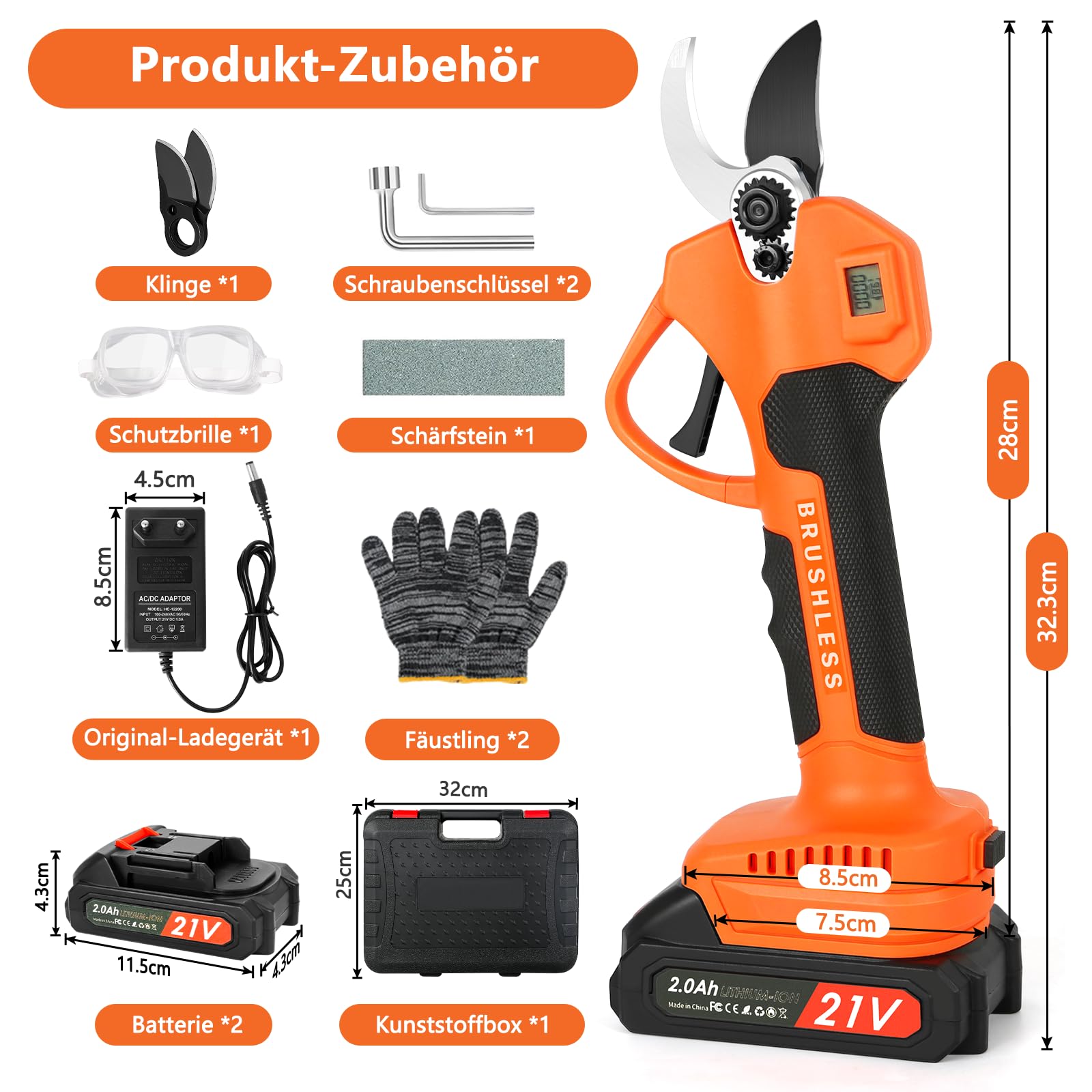 Akku Astschere mit LCD Anzeige, Schnurlose Elektrische Gartenschere mit 2 x 2000mAh Batterien und Max 40 mm SK5 Klingen, Tragbare Professionelle Elektrogartenscheren zum Baumschneiden