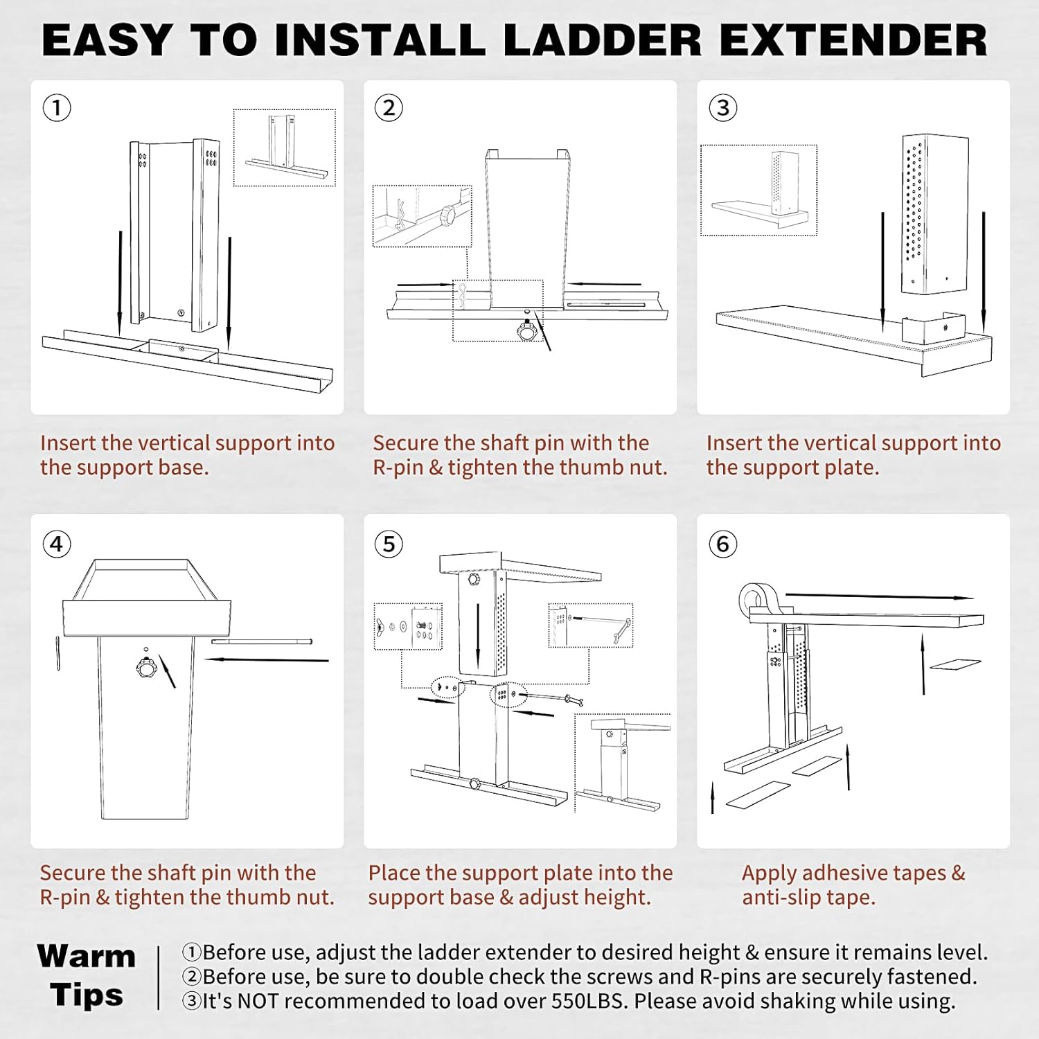Adjustable Ladder Extender for Stairs, Metal Ladder Extender Stabilizer with Non-Slip Pads, Leveler for Straight/Extension/Telescope Ladders(550LBS Capacity,13.4" to 21.3" H Adjustable)