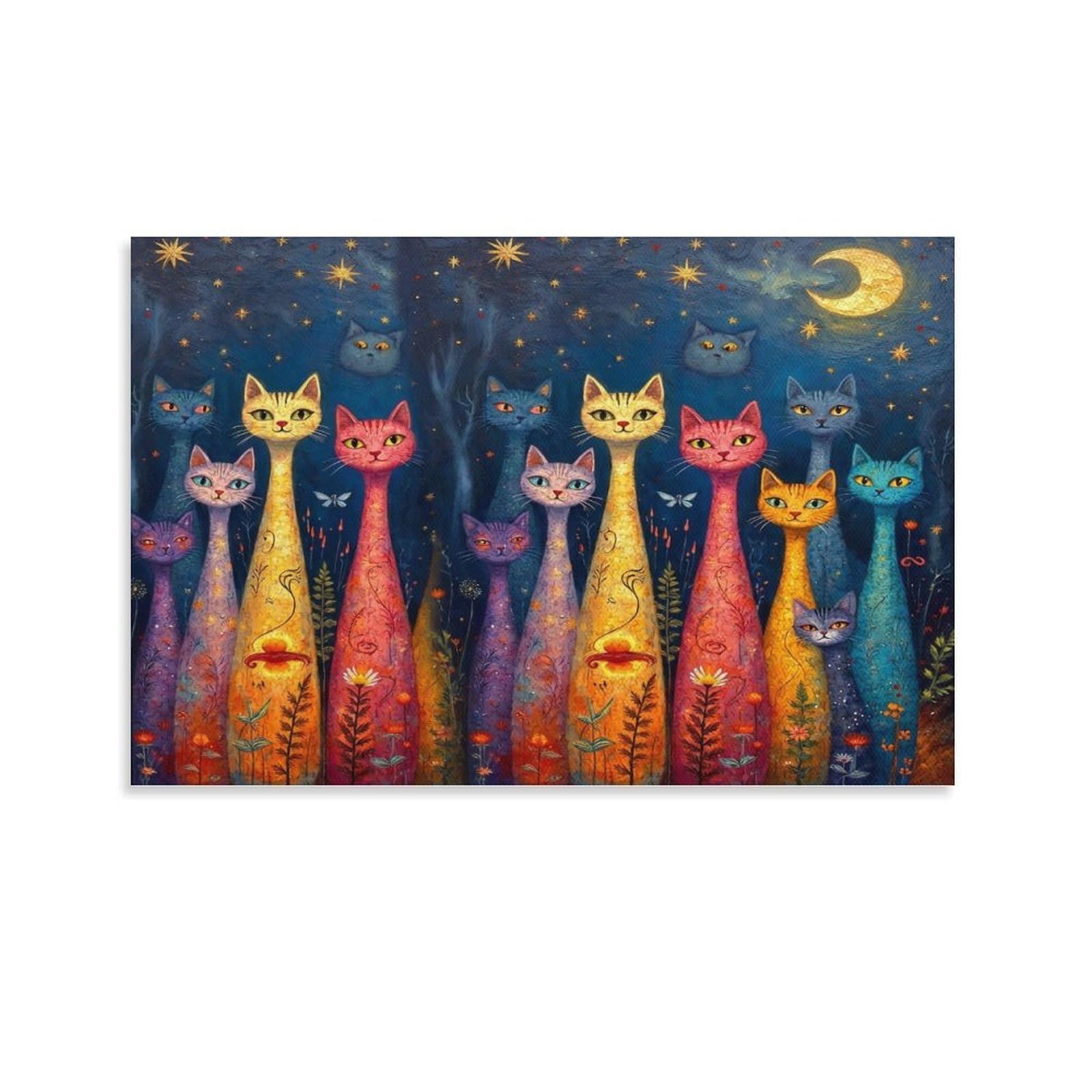 CPLVKWRQJ Whimsical Cat Art Individual Whimsical Cats Under The Moon Wall Art Decor - Kitchen Removable Canvas Wall Art Multi-Purpose Focal Point 08x12inch(20x30cm)