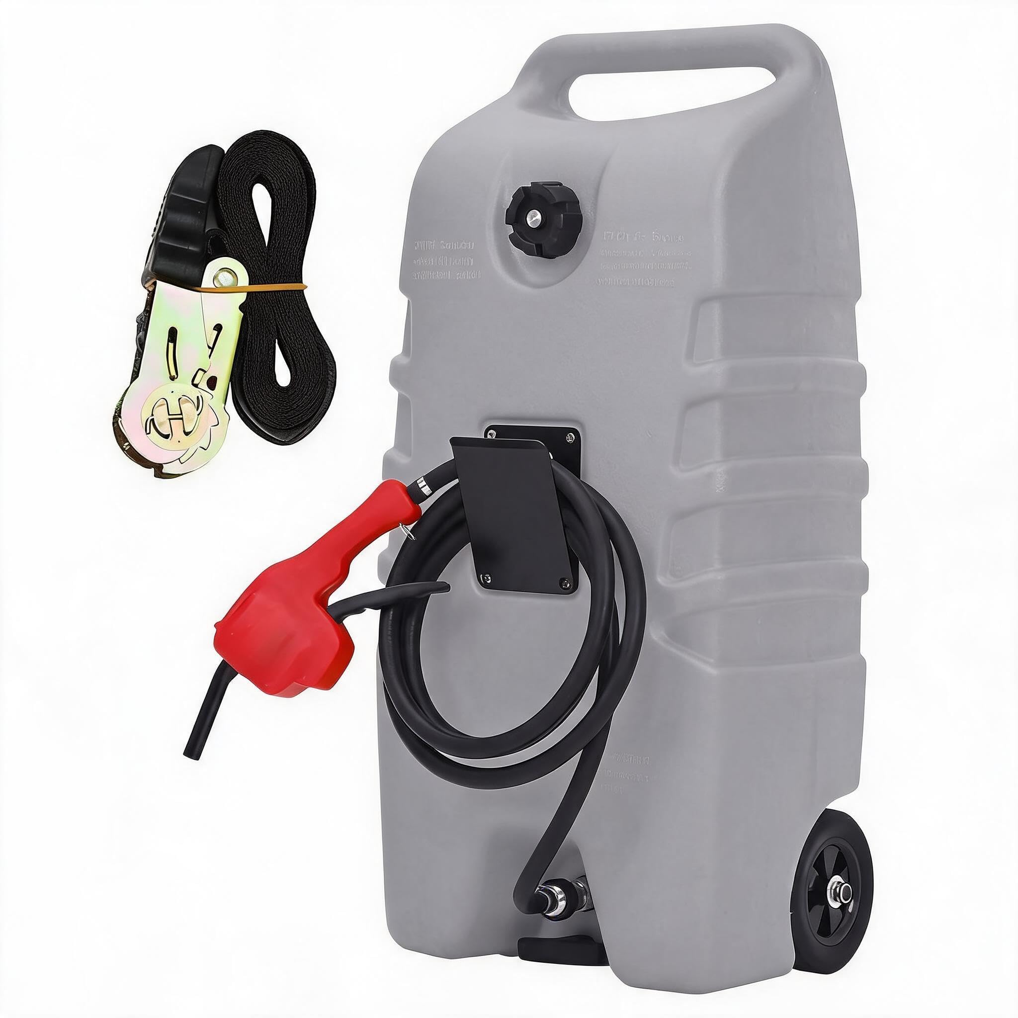 Portable Fuel Caddy with Manual Siphon Pump, 10ft Hose & Wheels – 53L Mobile Gasoline/fuel injector Storage Tank for Cars, ATVs, Boats, Lawn Mowers, Generators – Gray Cart Model with Straps, 53L gray