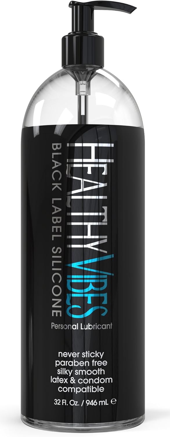Healthy Vibes Silicone Based Lube 32 oz for Latex Condoms & Hard Sex Toys, Long Lasting Easy Clean Gel Lubricant w/Hand Pump, Sexual Personal Privacy Enhancer for Men Women Couples Anal Lubrification