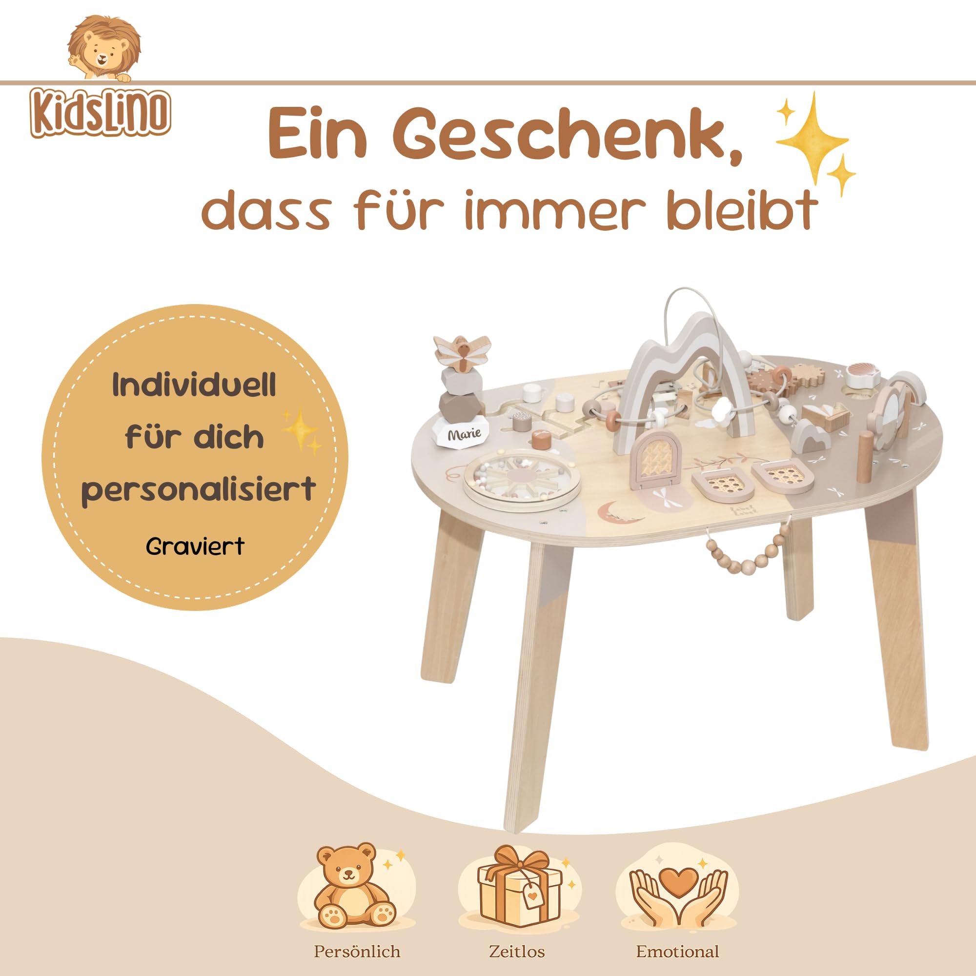 Spieltisch ab 1 Jahr aus Holz personalisiert – 2in1 Motorikspielzeug & Motorikwürfel – Montessori Lernspielzeug Baby – Steckspiel & Aktivitätstisch – Holzspielzeug ab 12 Monate Junge & Mädchen Nougat