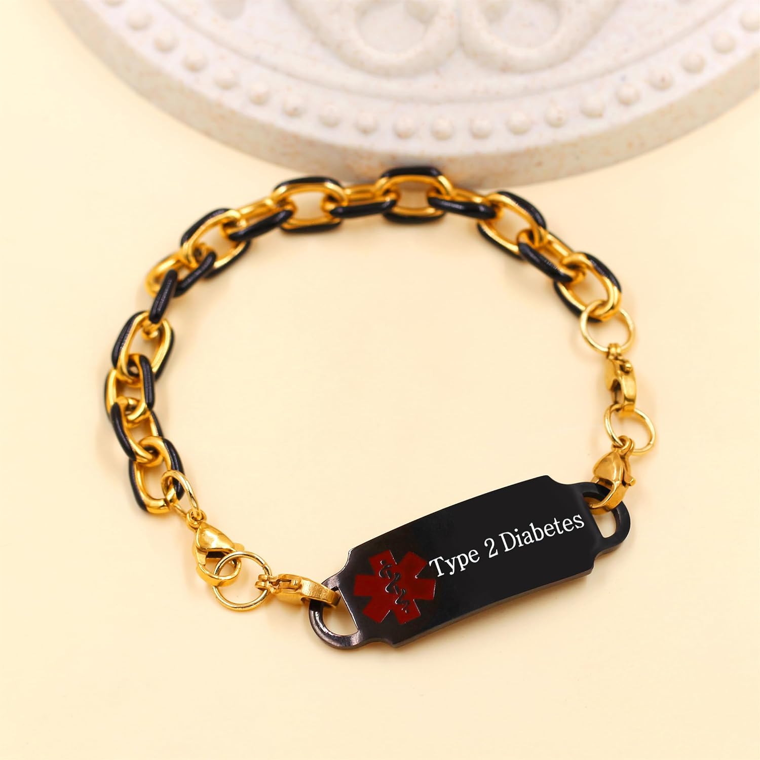 Gold Plated Stainless Steel Custom Medical Alert Band Allergy Bracelet for Men Women | Waterproof White Enamel Health Alert Bracelets | Hip Hop Style Lost Prevention Emergency Adjustable image 4