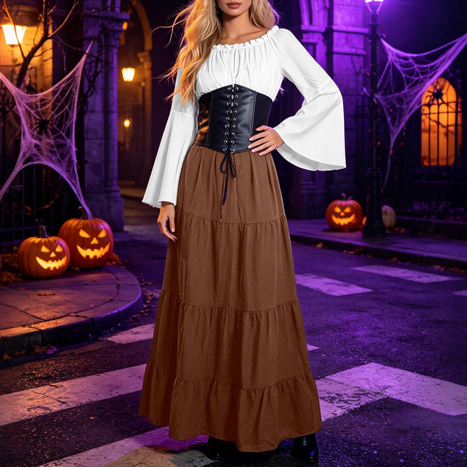 Elegante Abito Drappeggiato per Halloween con Maniche Palloncino, Perfetto per Eventi Cosplay nel 2024.