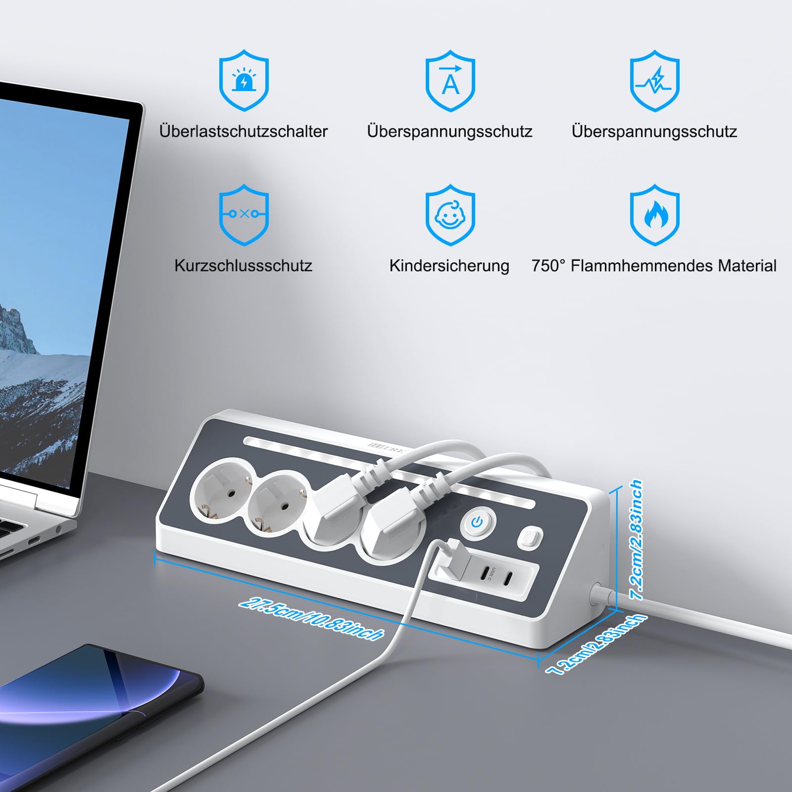 Listwa zasilająca z 4 gniazdami wtykowymi z 3 gniazdami USB, z gniazdem USB C, listwa zasilająca na biurko ze światłem, kabel 2 m, biała