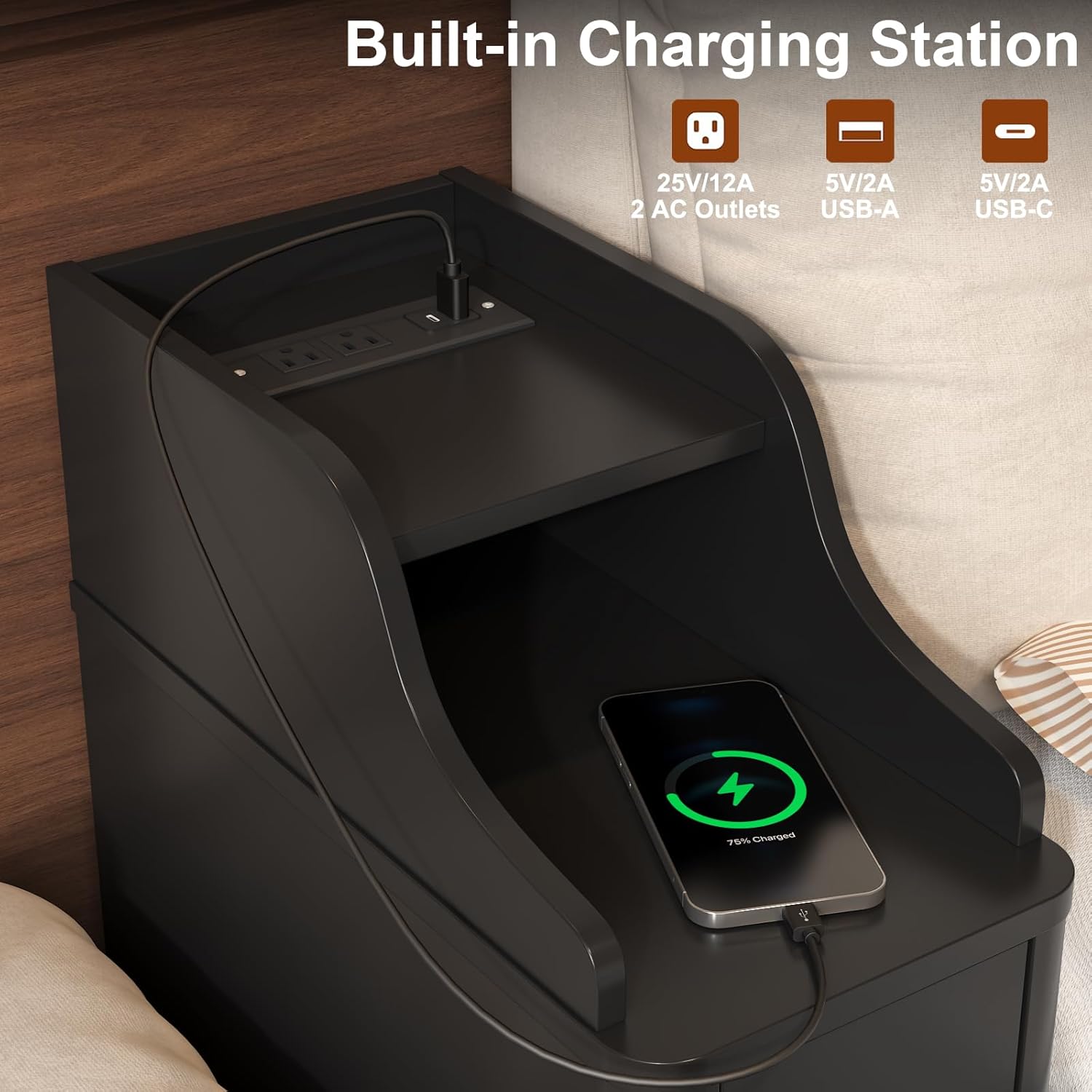 Narrow Side Table, Wooden Small 2 Drawer Nightstand with Charger Station, Thin Couch Side End Table, Skinny Bedside Table Small Spaces, Mid Century Modern Night Stand with Drawers, Black