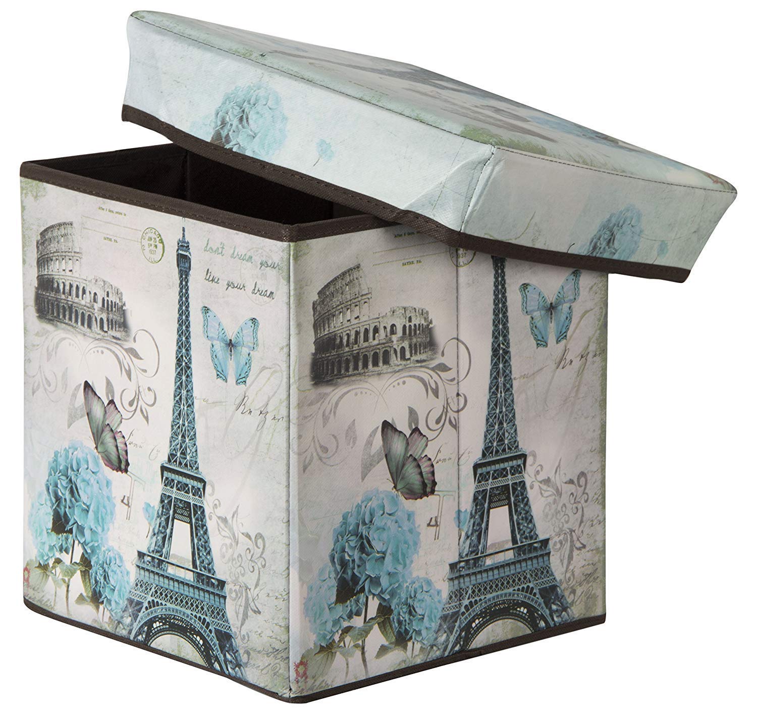Portable and Foldable Storage Laundry Box Cum Sitting Stool, Foot Stool, Seat, Coffee Table, Storage Chest for Living Room (Eiffel Tower, Multi, Rectangular, 33x29x29 cm)