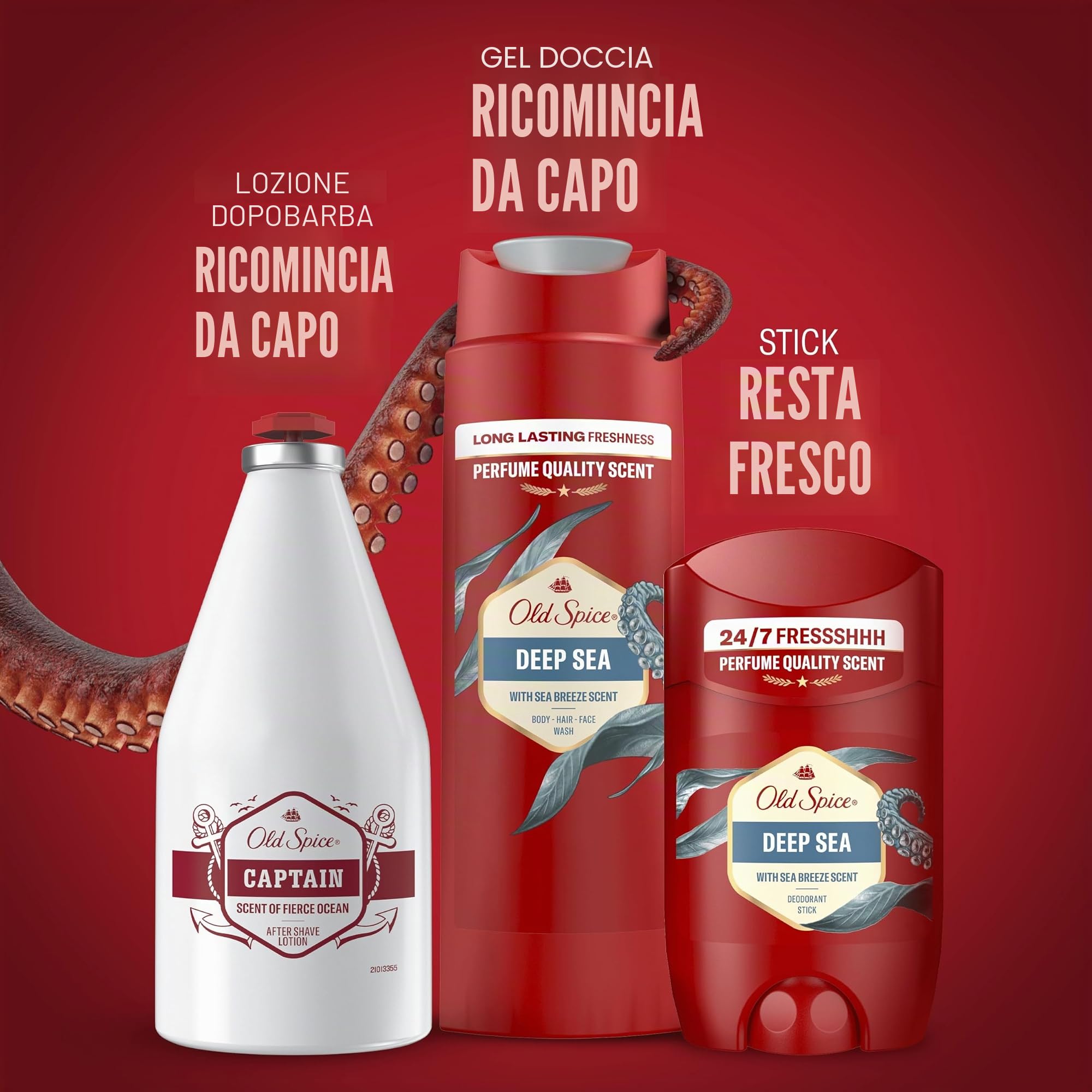 Old Spice Confezione regalo Treasure Chest, set regalo uomo, Deep Sea Deodorant Stick 50ml, deodorante spray 150ml, gel doccia 250ml e dopobarba Capitan 100ml