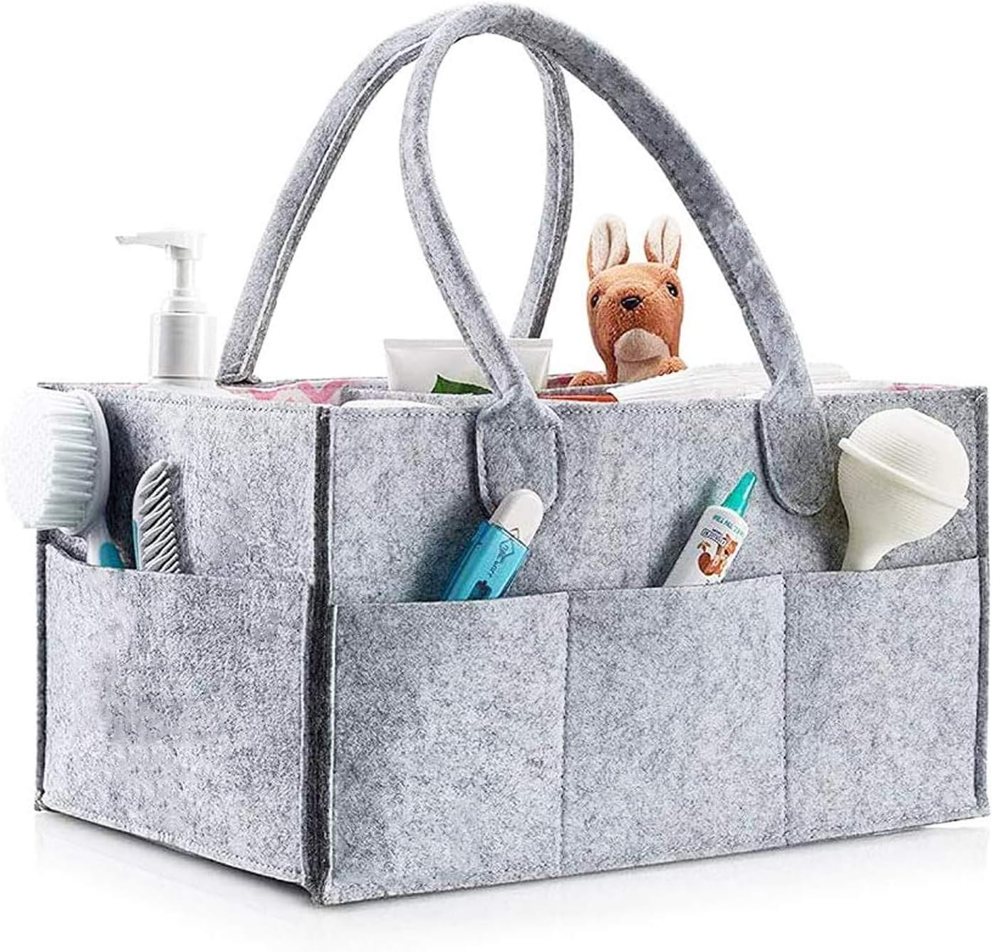 UCRAVO Baby Diaper Caddy Organizer with handles – Nursery Storage basket and Car Organizer for Diapers and Baby Wipes – 5 Compartments, 8 Pockets, Soft, Sturdy, and Convenient Baby Shower Gifts – Grey