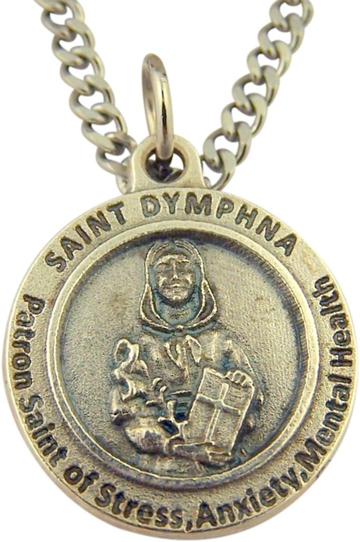 Silver Tone Saint Dymphna Patron of Mental Health Medal on Chain, 3/4 Inch