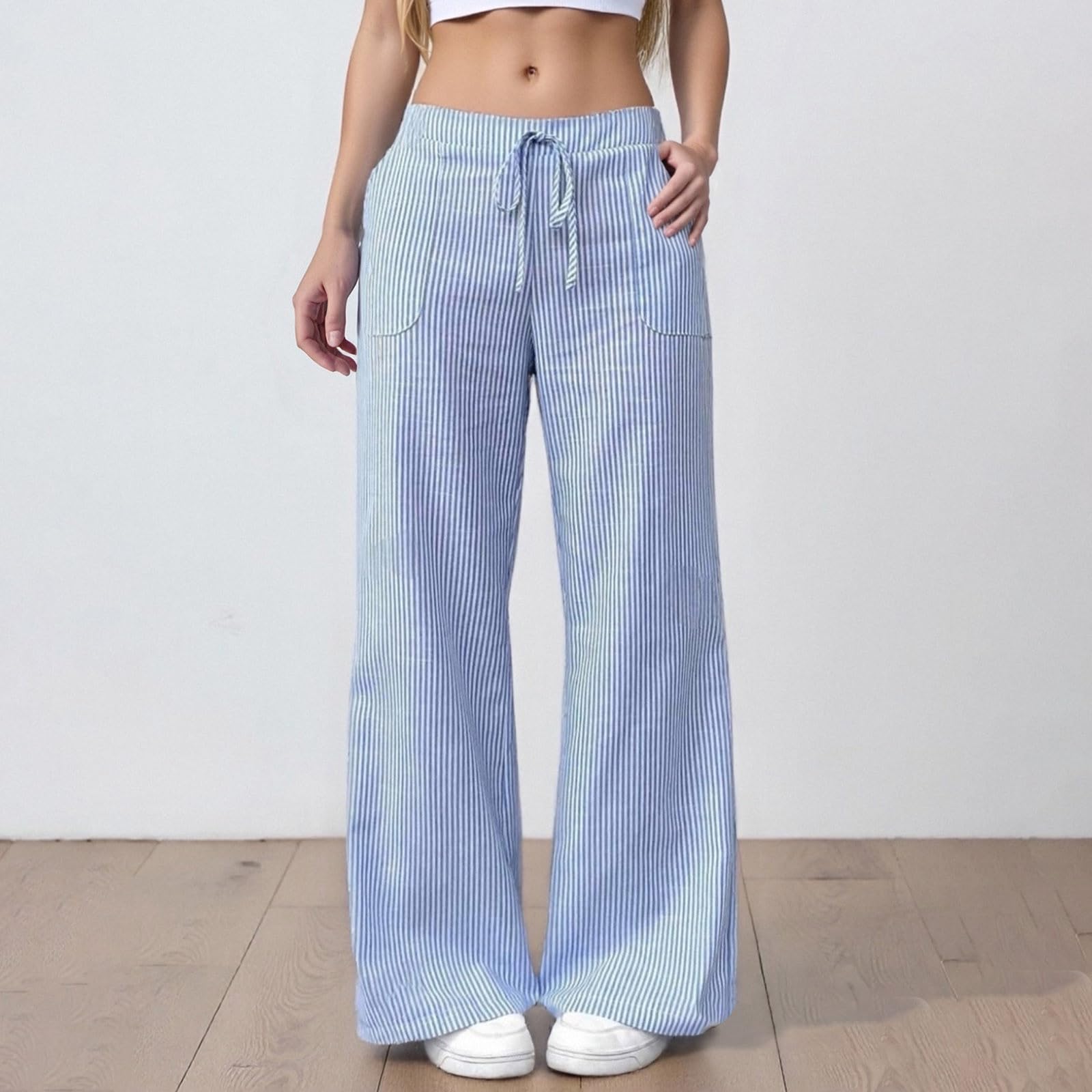 Pantalon Femme Ample Taille Élastique Rayé Pantalon Chic et Elegant Pantalons Fluide Pantalons de Jogging à Jambes Larges avec Cordon de Serrage Femme