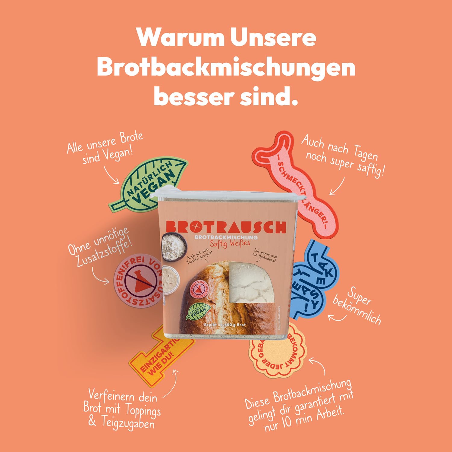 Brotrausch Brotbackmischung Probierpaket (6 x 400g) – inkl. Brotbackform, Teigzugaben & Toppings - natürlich & vegan - mit Vollkorn und Dinkel - Ballaststoff- und Proteinreich