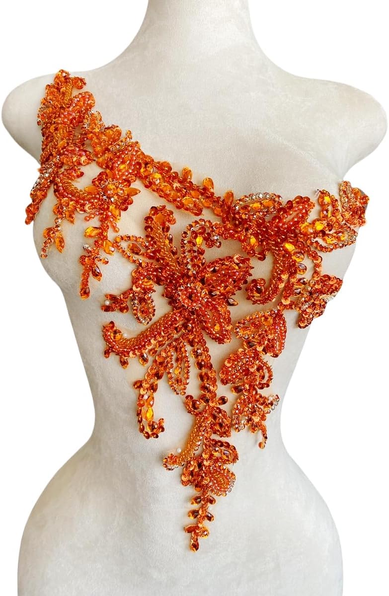 Handmade Rhinestones Applique DIY Handsewing Beads Sequins Trim Patch One Shoulder Dress Clothes Accessories 10X22inches (Orange,B)