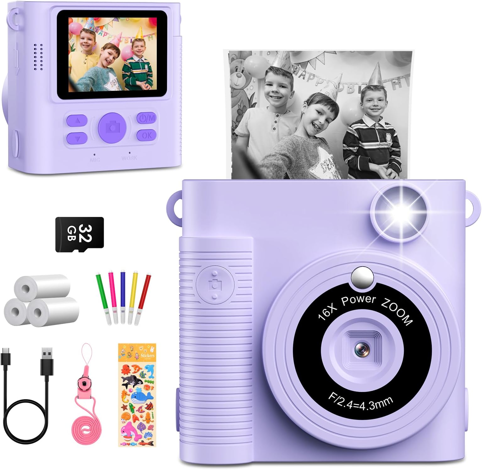 Kids Camera Instant Print, Christmas Birthday Gifts for Toddle Girls Boys, 1080P Instant Camera with 3 Roll No-Ink Print Paper 32G SD Card, Purple