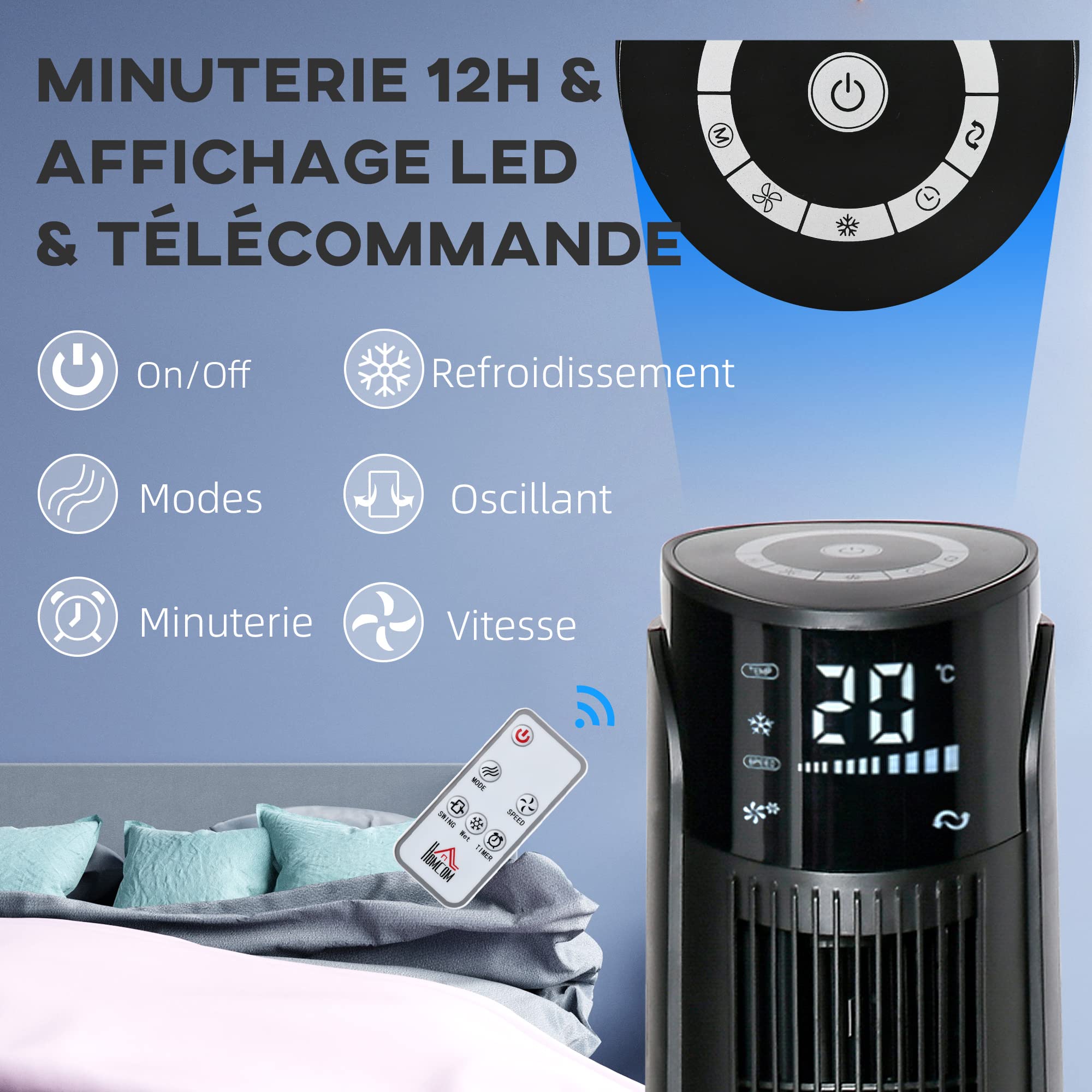HOMCOM Rafraîchisseur d'air/ventilateur colonne/humidificateur 3 en 1-oscillant, 4 modes, 3 vitesses, Minuterie, télécommande réservoir 2.8L avec 1 bloc réfrigérant