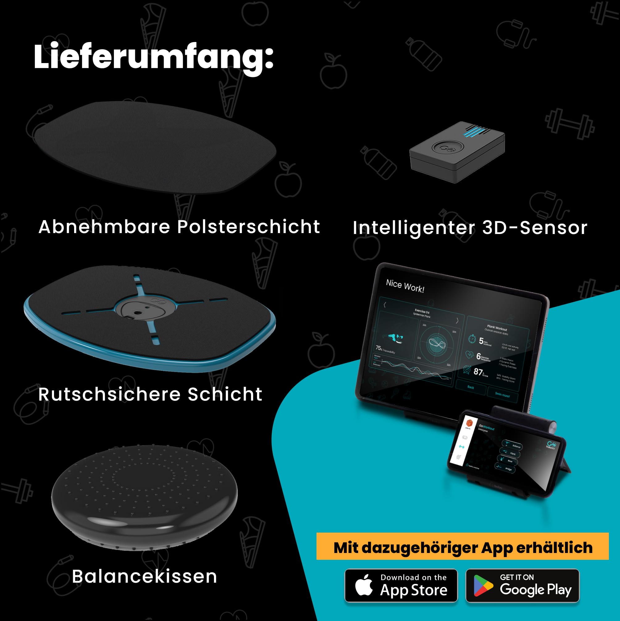 GoBalance Board App Balance Board mit Bluetooth Sensor 12 Spiele fuer Training Spass und Fitness Staerkt Koordination und Kraft fuer Jugendliche und Erwachsene