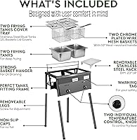 Vista 3 de HOMIRA Freidora de propano de dos tanques de hierro con termómetro, 2 cestas de acero inoxidable y tapas, freidora de pescado con regulador