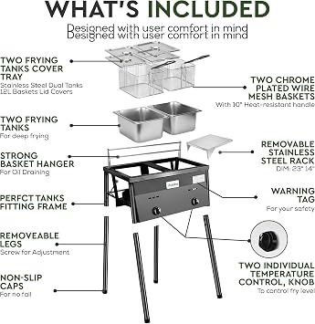 HOMIRA Iron Two-Tank Propane Deep Fryer with Thermometer, 2 Stainless Steel Baskets and Lids Fish Fryer with Adjustable Temperature Regulator, Outdoor Dual Fryer for Frying