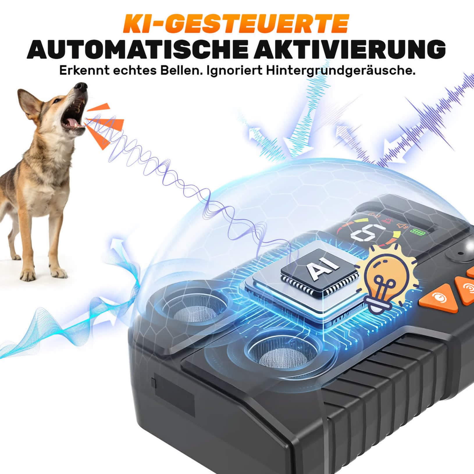 Anti Bell Gerät Hunde Antibell Ultraschall Gerät mit AI-Erkennung, Hundeabwehr Ultraschall 2 Sender, Hunde Bellen Stoppen Innen & Außen, 6 Empfindlichkeit und 3 Intensität, IPX6 Wiederaufladbar