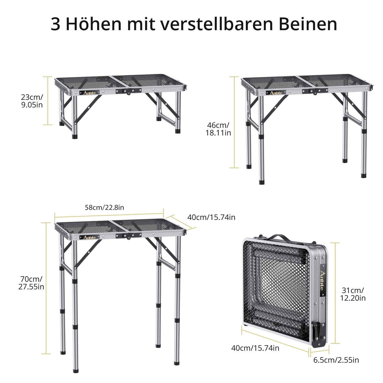 Anbte Campingtisch Grilltisch 58x40cm Metallgitter Tischplatte mit 3 Verstellbare Höhe 26/48/70cm Aluminium Rahmen Klapptisch Tragbar Picknicktisch für BBQ Garten Party Balkon (Silber)