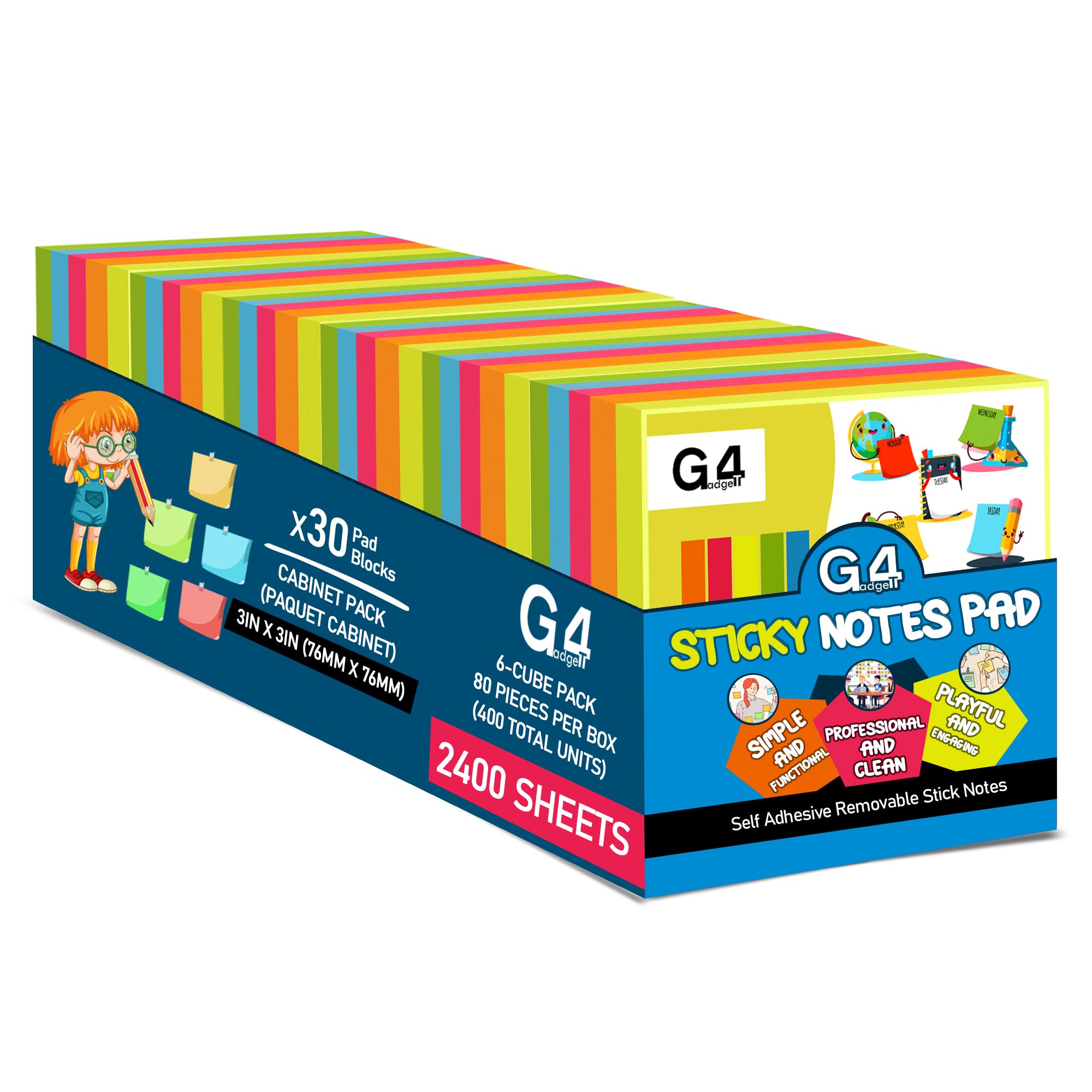 G4GADGET Sticky Notes Cube 400 Sheets - 76x76mm Neon Colors - Self-Stick Notes for Reminders, to-Do Lists & Messages - Strong Adhesive, Repositionable Sticky Notepads for Home, Office & School (6)