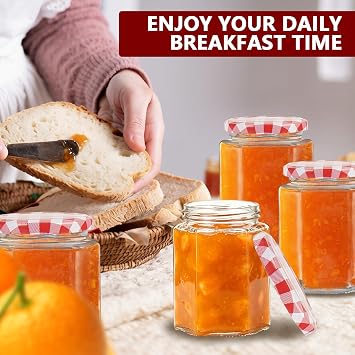 9 Pack 280ml Glass Jam Jars with Red Gingham Lid Air Tight Pickling Jars | Small Hexagonal Storage Jars with Stickers and Pens, Glass Jam Jars with Lids, Preserve Jar for Marmalade, Chutney, Seasoning