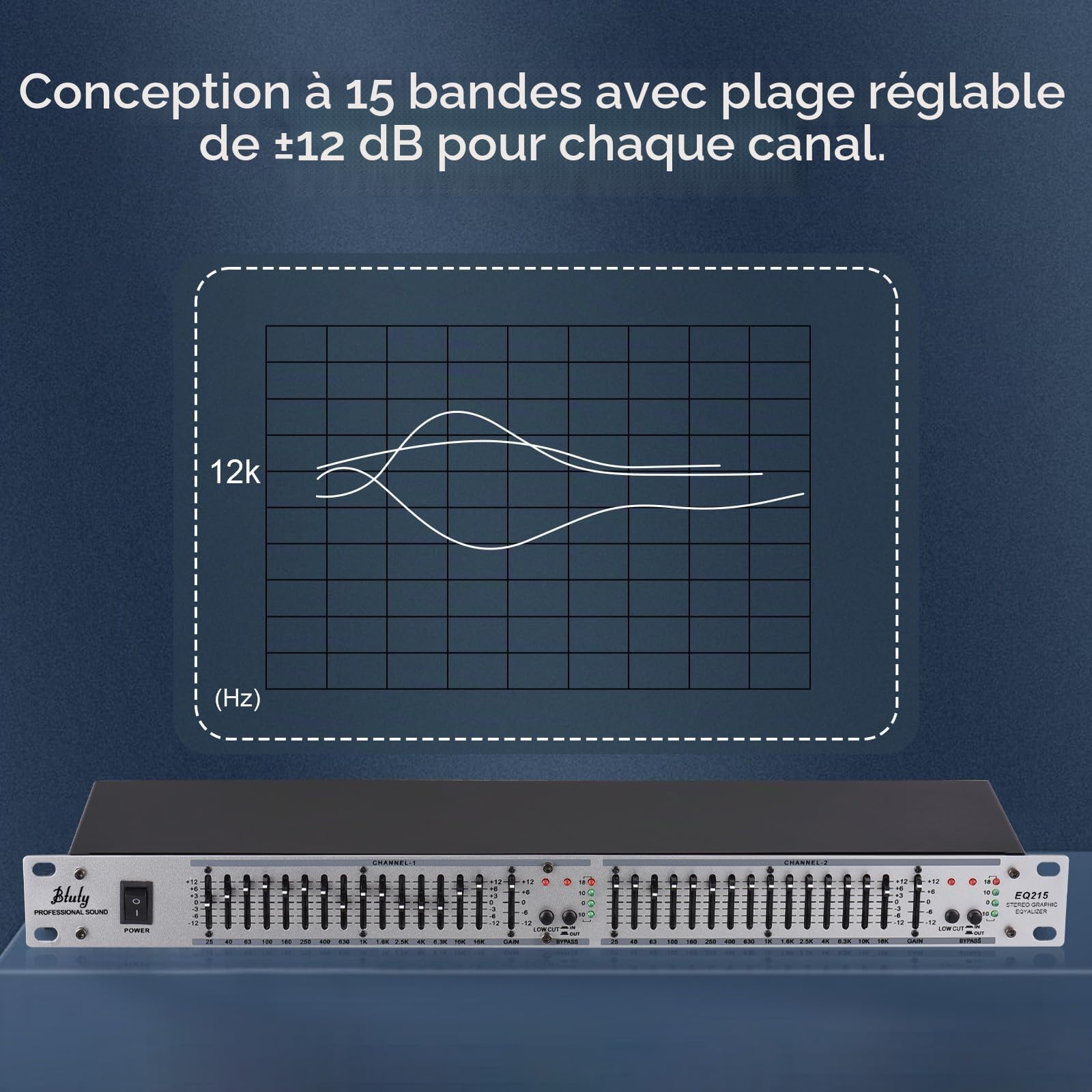 Btuty EQ-215 Égaliseur Double Canal 15-Bandes 1U Montage en Rack Égaliseur Graphique Stéréo 2 Canaux