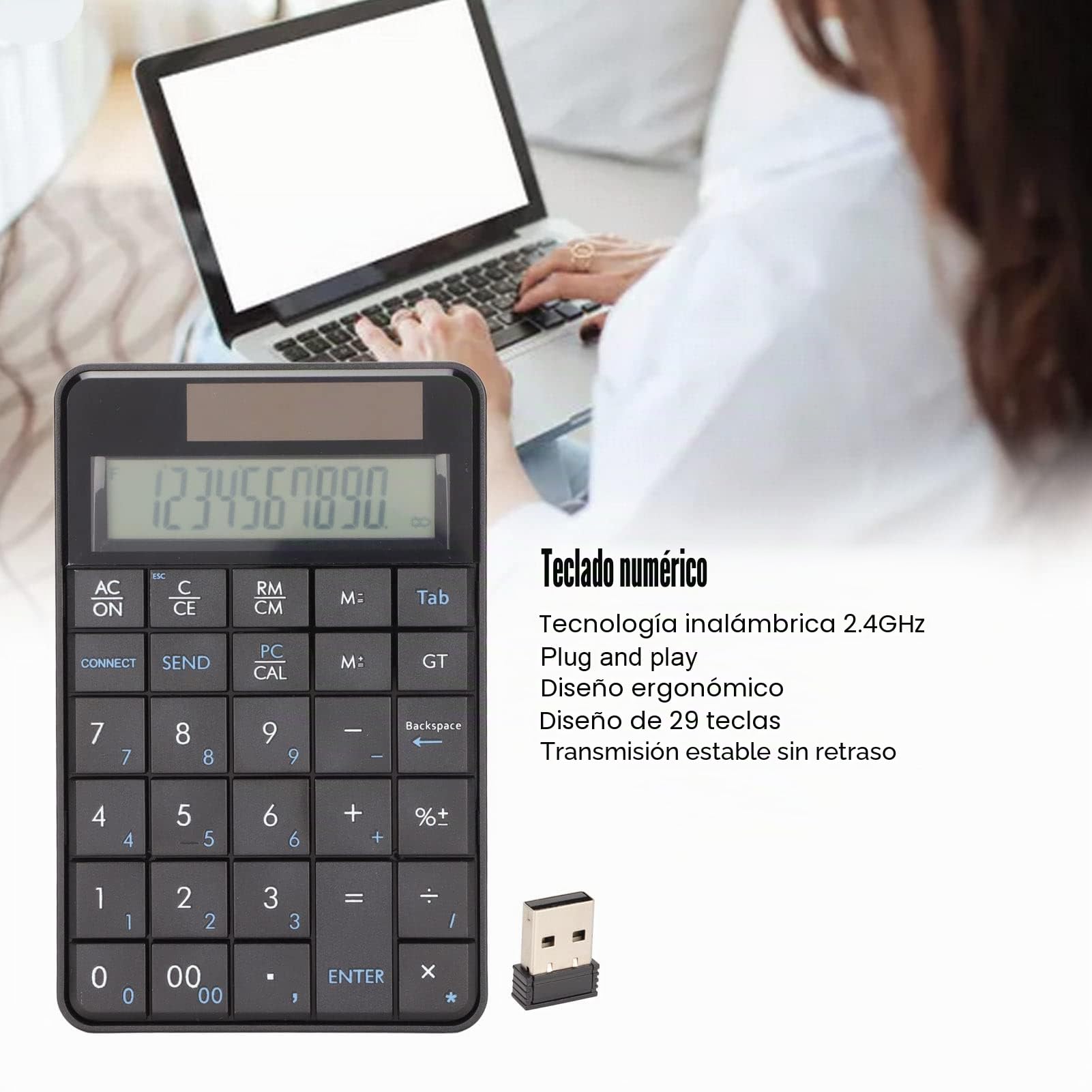 2 en 1 Teclado Numérico Inalámbrico Calculadora Numpad, 29 Teclas 2.4G, Contabilidad Financiera con Receptor USB para Computadora Portátil / Computadora