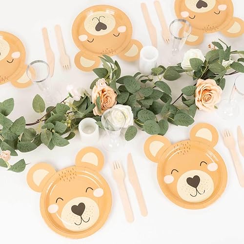 Miniatura 7 de Efavormart - Paquete de 25 platos de papel de postre de oso de peluche marrón, 7 pulgadas, redondos con estampado de animales, ecológicos, para