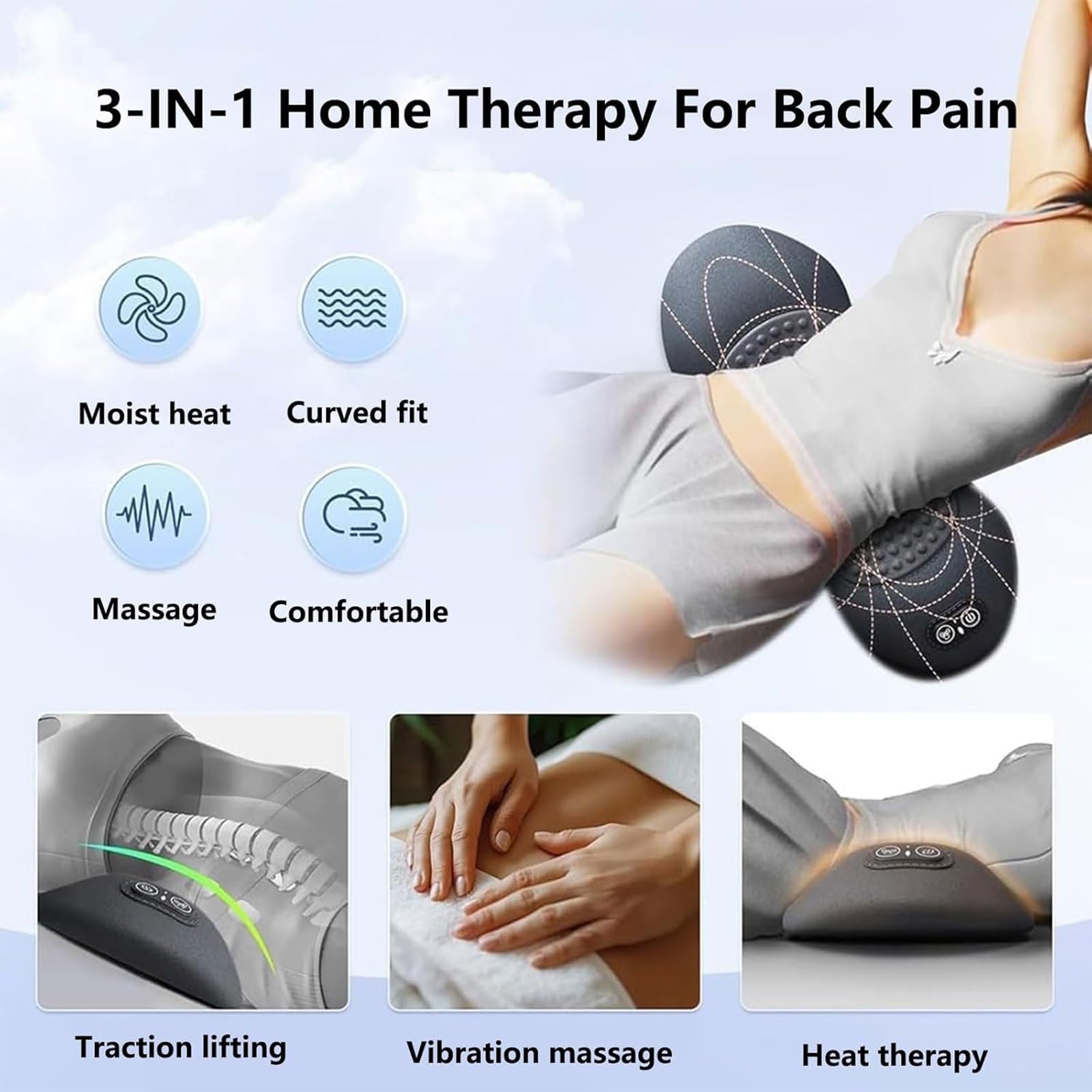 Massaggiatore for la Schiena Smooth Triple Fusion con Calore, Trazione e Vibrazione 3 In 1 for Alleviare la Sciatica e Il Dolore Lombare, Supporto Lombare Ergonomico(Gray)