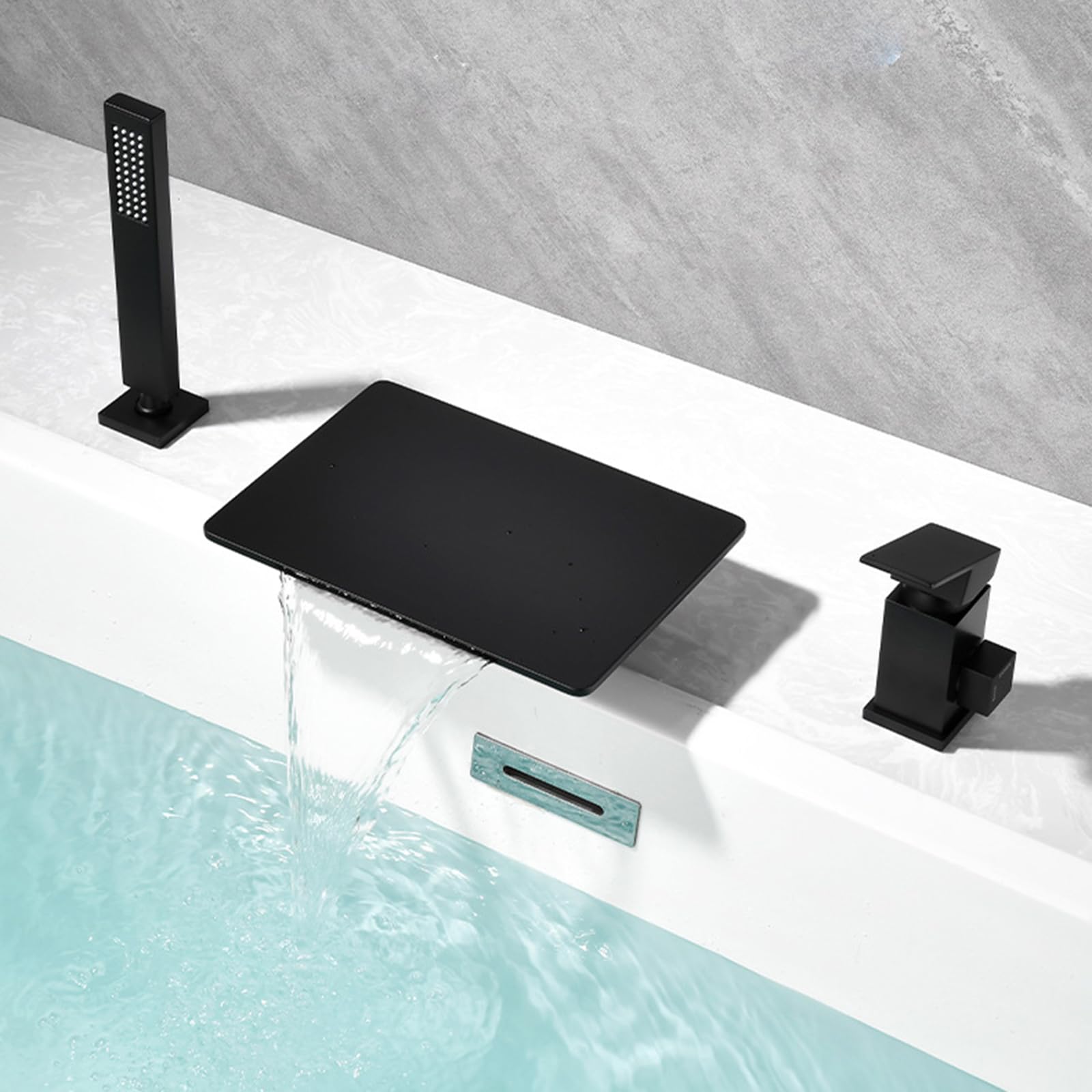 Mitigeur de Baignoire et Douche à 3 Trous Noir Mat avec Douchette Cascade