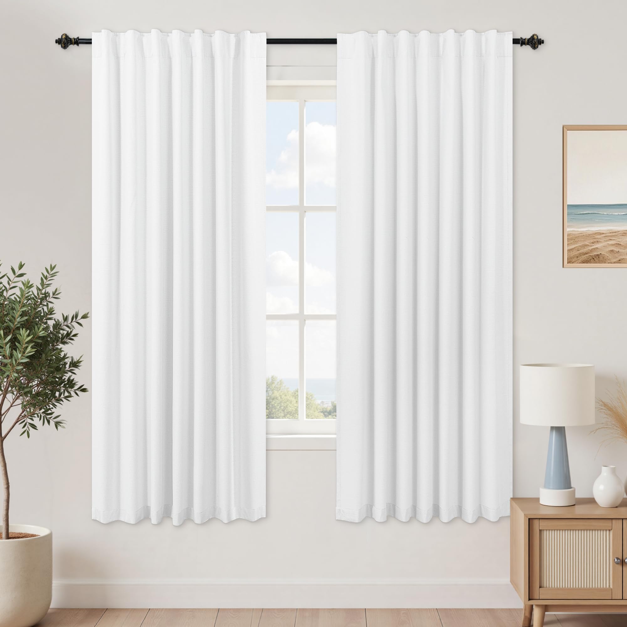 KOUFALL White Blackout Curtains 63 Inch Length for Bedroom,Linen Back Tab Black Out Bay Window Curtains